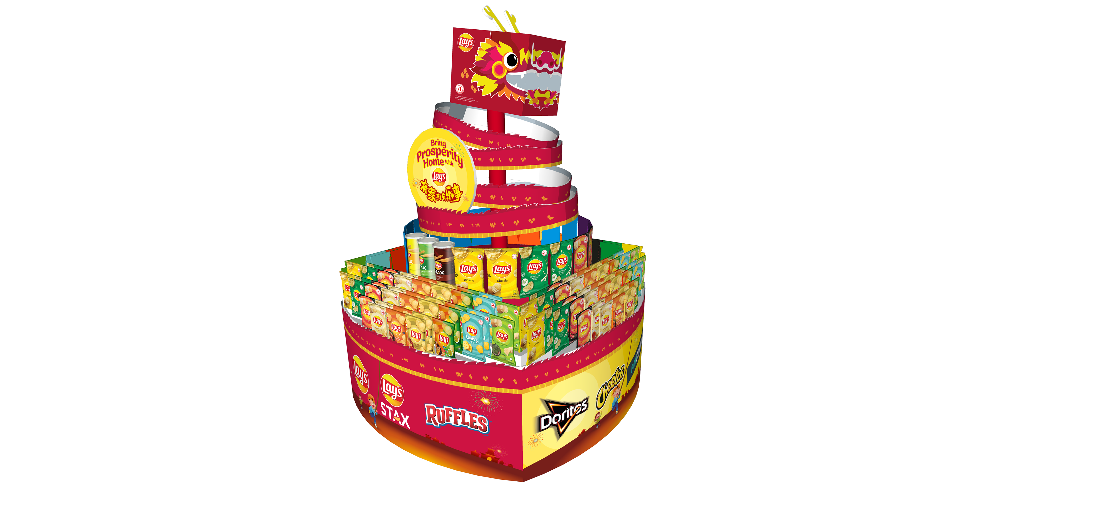 Festive cues close-up — red-and-gold palette and CNY graphics in service of bold Lay's branding.