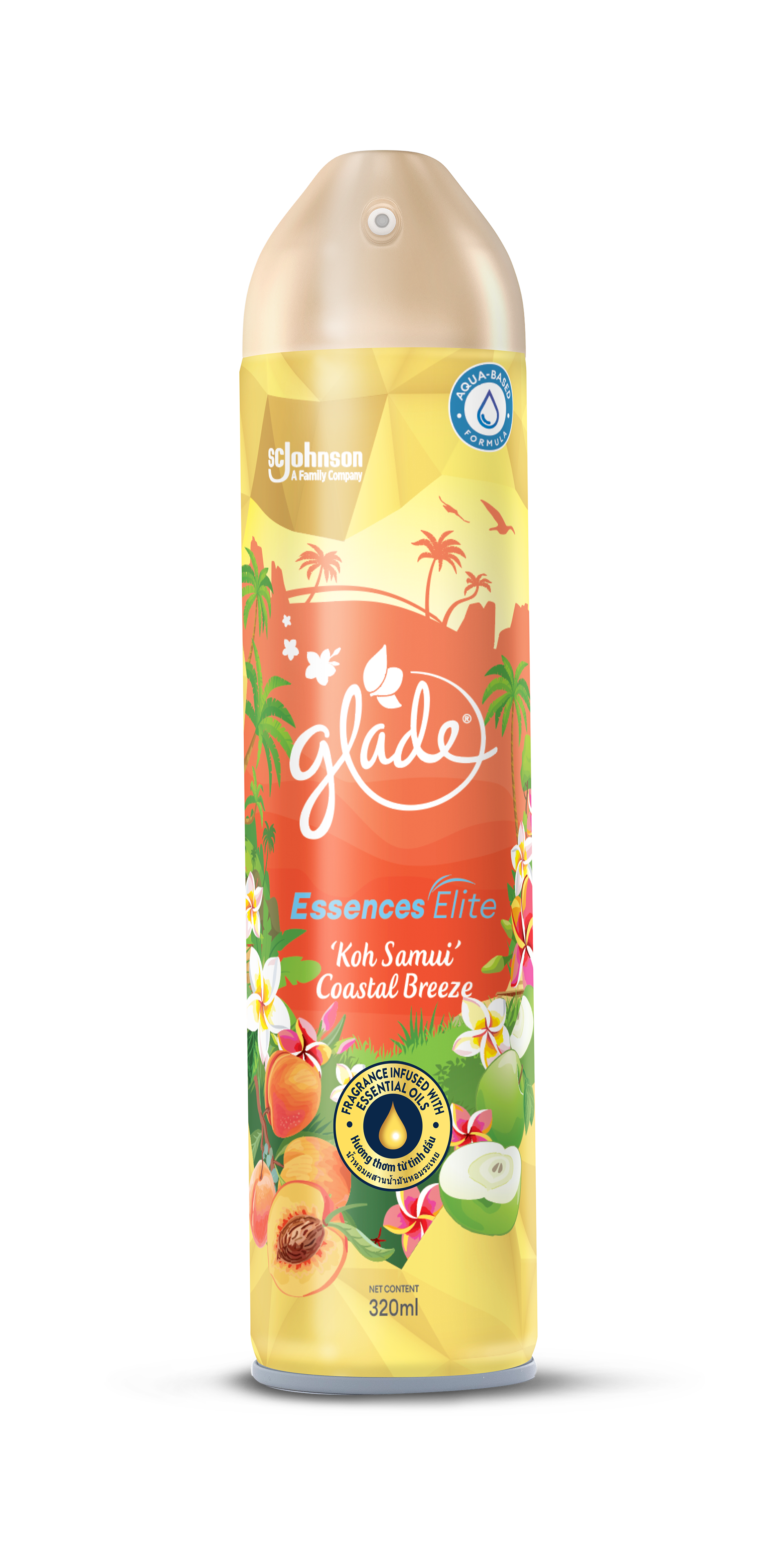 'Koh Samui' Coastal Breeze Aerosol Spray — the local-Thai anchor in the aerosol range, illustrated through palm-tree-lined beaches, tropical fruit, and a warm orange-gold sunset palette.