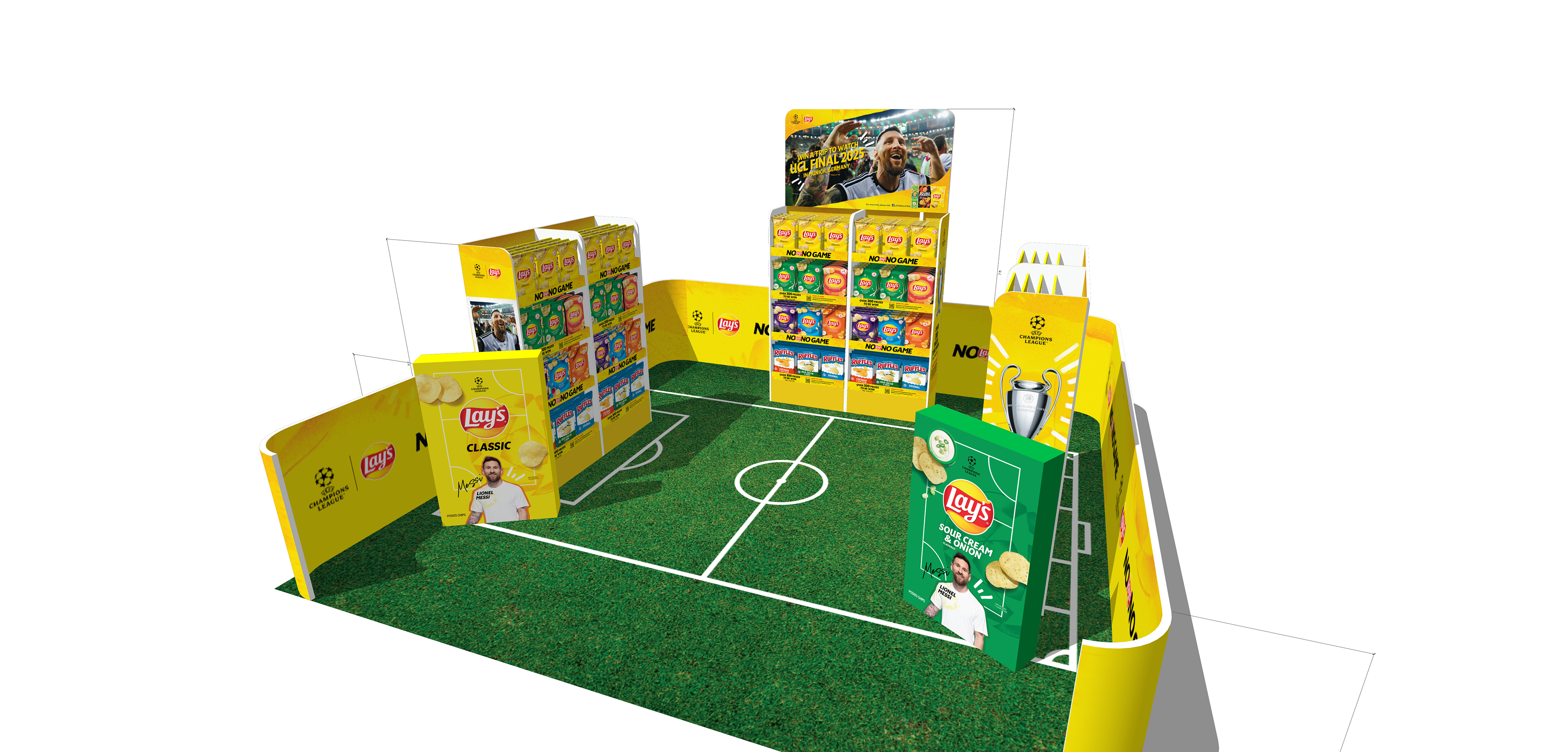 Immersive floor and backdrop treatments — fans recognise the sport as a category, not just a logo.