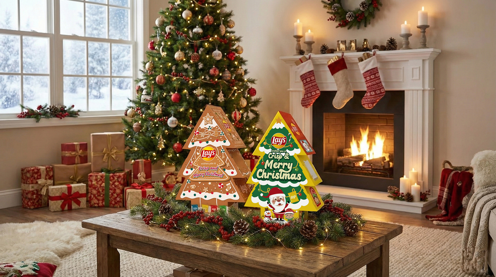 Two Lay's Christmas Box festive gifting displays — a gingerbread-themed tree and a yellow-and-green Santa tree — standing on a rustic wooden table in a warmly lit living room with a decorated Christmas tree, lit fireplace, stockings and wrapped presents. Each tree-shaped structural pack holds Lay's chips packs. PepsiCo festive BTL gifting display design, Malaysia.