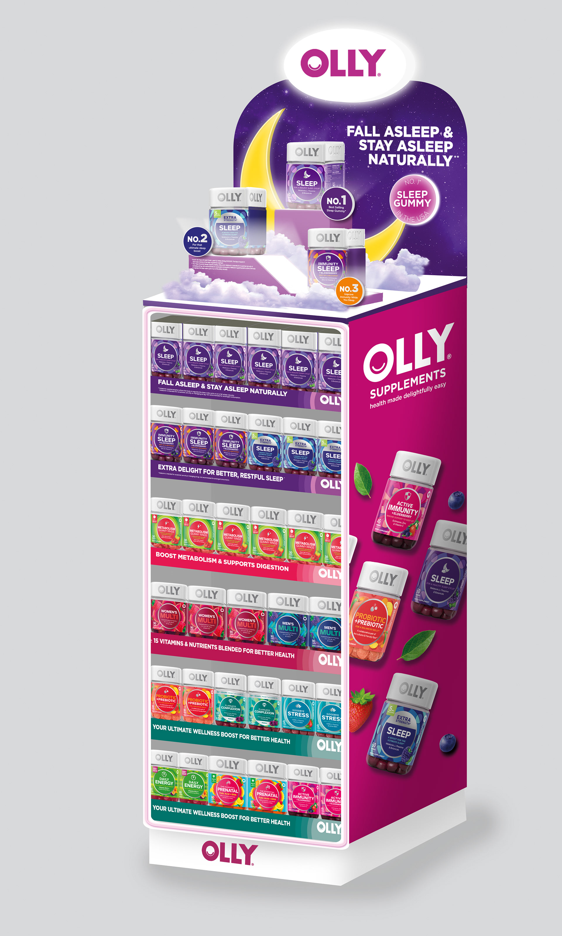 OLLY full multi-tier wellness standee with benefit-led merchandising — supplements POSM by Laugh Contagious Malaysia