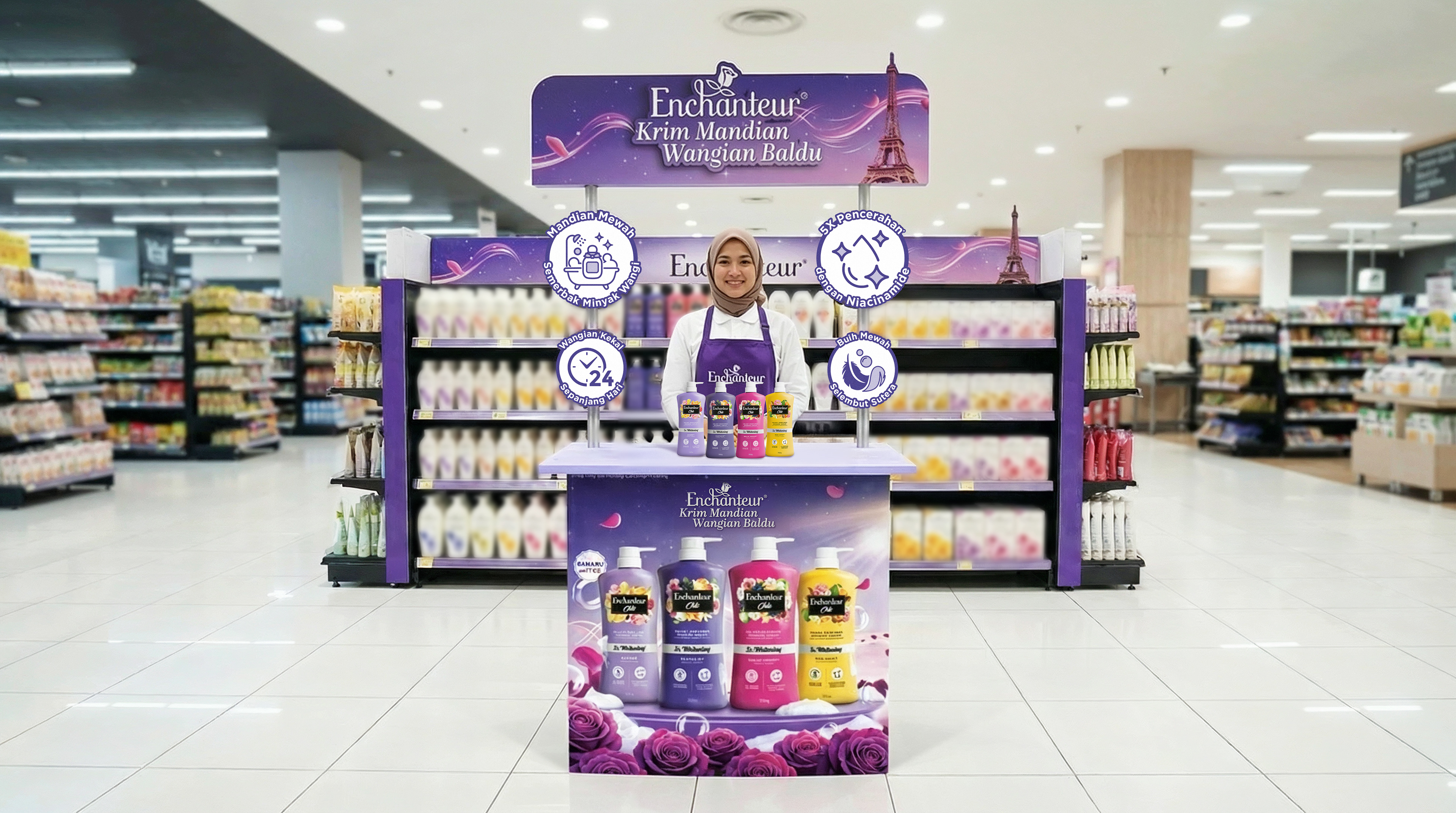 Enchanteur sampling booth with brand promoter in modern trade supermarket — beauty sampling activation by Laugh Contagious Malaysia