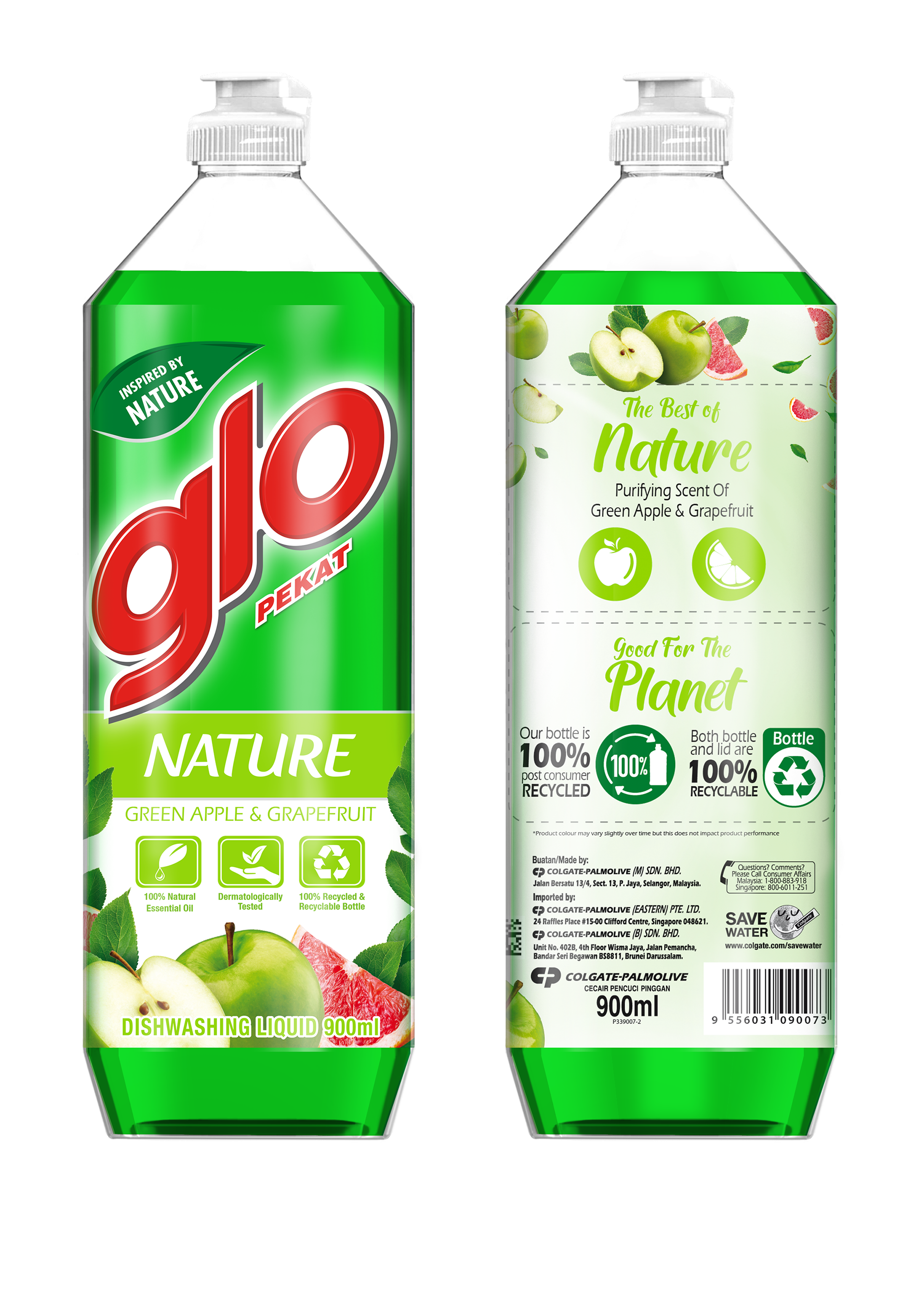 Nature, Green Apple & Grapefruit — "Inspired by Nature" up front, the full recycled-and-recyclable proof on the back.