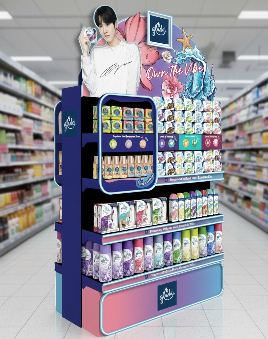 The "Own The Vibe" gondola display — Ahn Hyo Seop's life-size standee anchoring a complete Glade range merchandised across scented gels, aerosols, candles, and gel cans in one high-impact piece of in-store furniture.