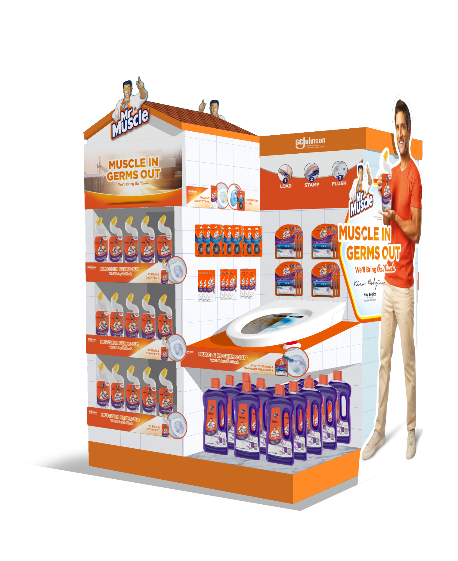 The toilet unit render — toilet-care range stacked around a built-in scale-model bowl, Load–Stamp–Flush graphics carried across the top, with the brand ambassador anchoring the structure.