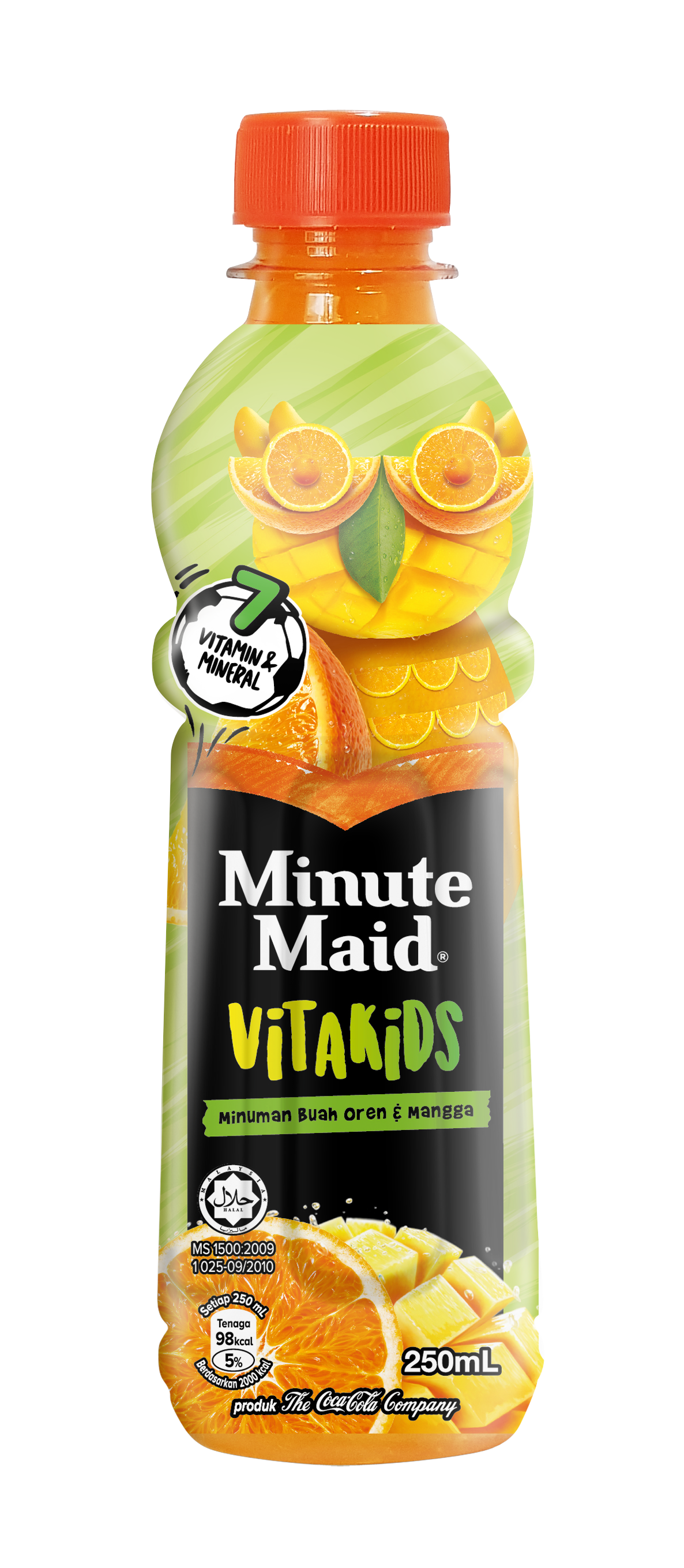 Minute Maid VITAKIDS Orange & Mango 250ml bottle in green, featuring an owl character sculpted from real orange slices and mango cubes set into the bulbous bottle shape, a "7 Vitamin & Mineral" football badge, the black Minute Maid VITAKIDS lockup, Halal mark and "Minuman Buah Oren & Mangga." Coca-Cola kids' beverage packaging, Malaysia.