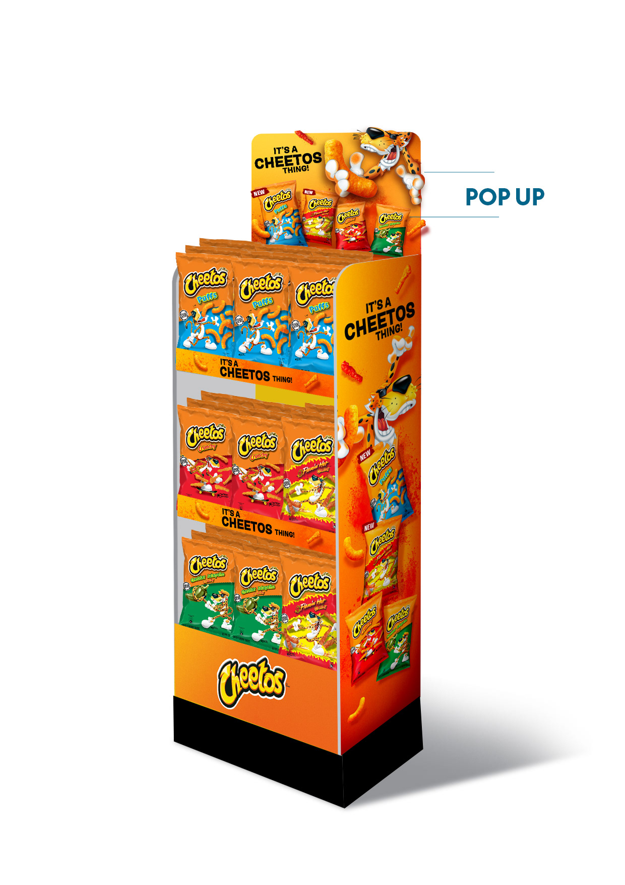 Cheetos freestanding pop-up display unit — character-integrated POSM design by creative agency Kuala Lumpur