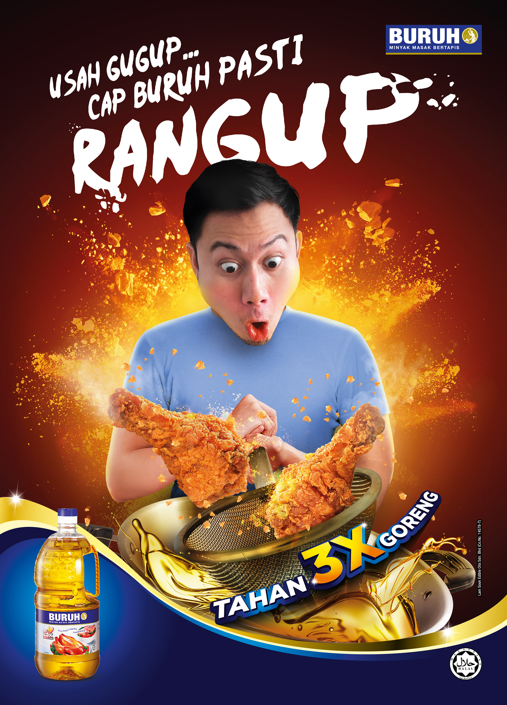 Buruh Cooking Oil tahan goreng key visual — performance-led FMCG cooking oil design by Laugh Contagious Malaysia