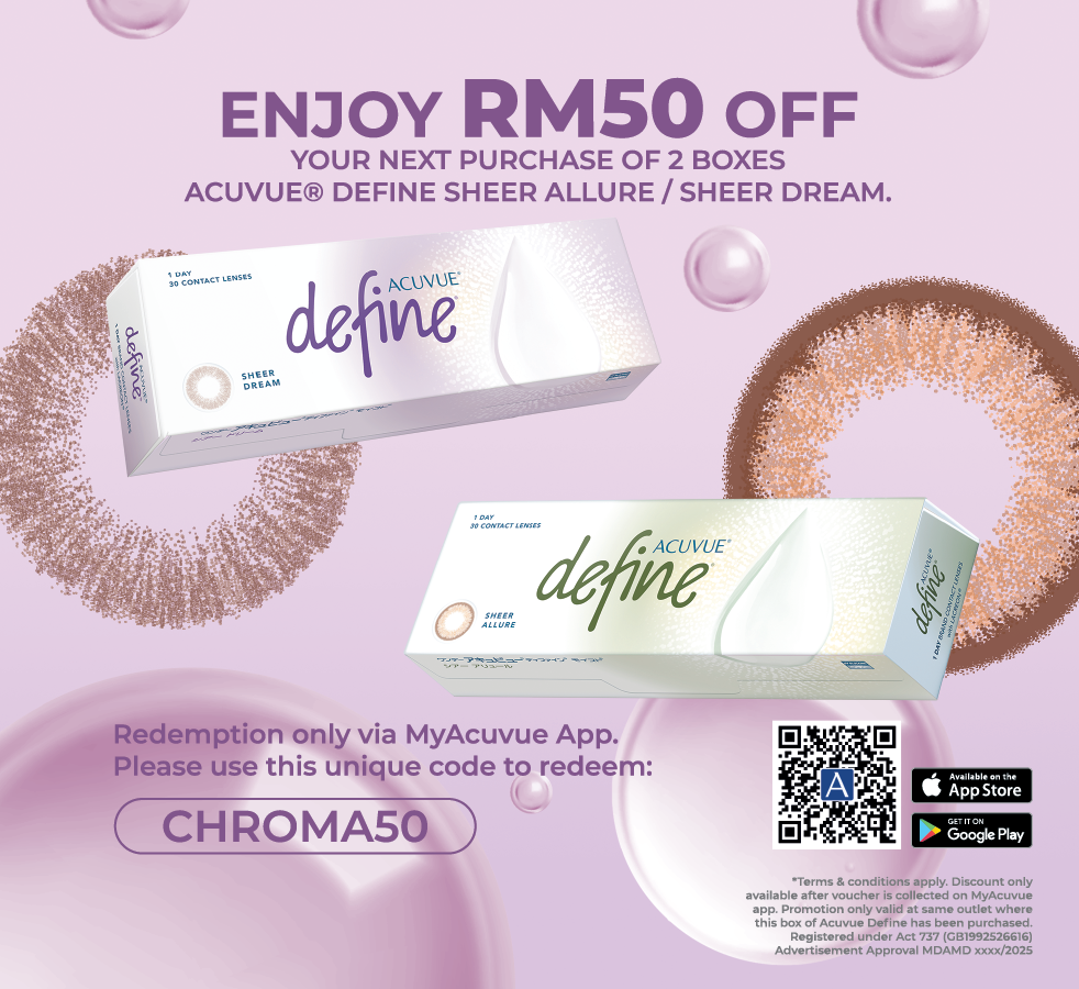 The voucher concealed beneath the ACUVUE Define sleeve — a soft lilac panel reading "Enjoy RM50 off your next purchase of 2 boxes, ACUVUE Define Sheer Allure / Sheer Dream," with both lens boxes shown, lens-pattern and bubble graphics, a QR code, App Store and Google Play badges, the redemption code CHROMA50, and MyAcuvue app redemption terms. Johnson & Johnson Vision BTL voucher design, Malaysia.