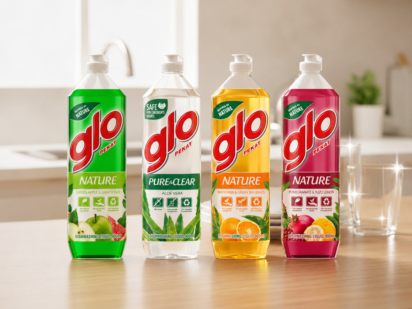 Four GLO dishwashing liquid bottles — Nature Green Apple & Grapefruit (green), Pure&Clear Aloe Vera (clear), Nature Mandarin & Green Tea Leaves (yellow) and Nature Pomegranate & Yuzu Lemon (pink) — in see-through bottles on a sunlit kitchen counter with sparkling clean glasses. Colgate-Palmolive sustainable home care packaging design, Malaysia.
