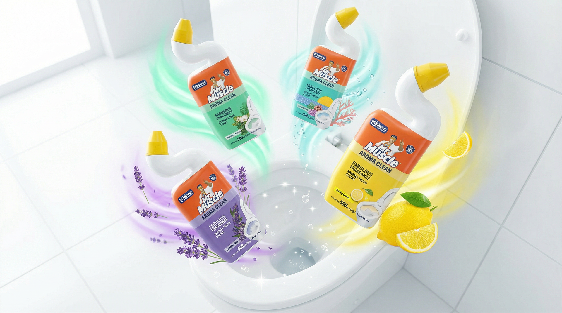 Mr Muscle Aroma Clean toilet bowl cleaners — four angle-neck bottles (Botanical Freshness, Lavender Myst, Ocean Escape, Sparkly Lemon) floating above a clean white toilet with coloured fragrance trails, lavender sprigs and lemon slices. SC Johnson home care fragrance packaging design.