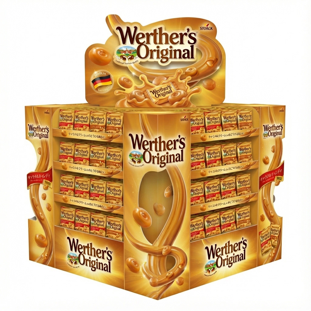 The four-faced mid-aisle dump bin — sculpted Werther's-shaped topper, merchandised from every angle for centre-aisle deployment.
