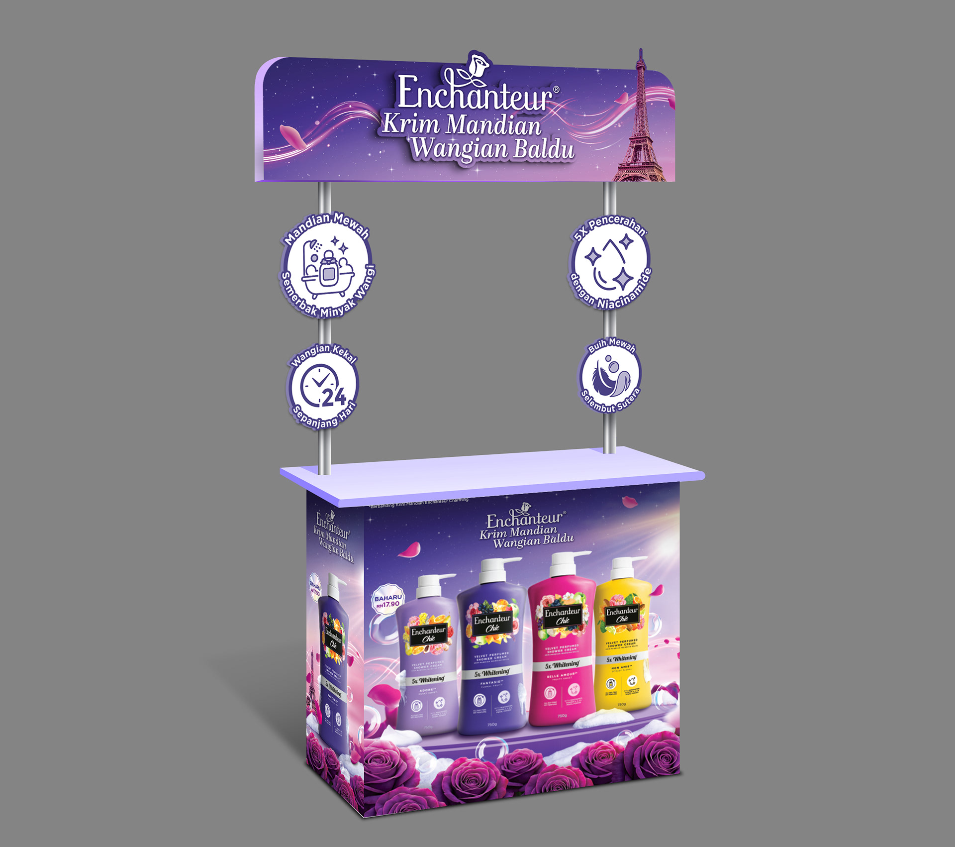 Enchanteur Krim Mandian Wangian Baldu sampling booth design — beauty sampling POSM by Laugh Contagious Communications, creative agency in Kuala Lumpur