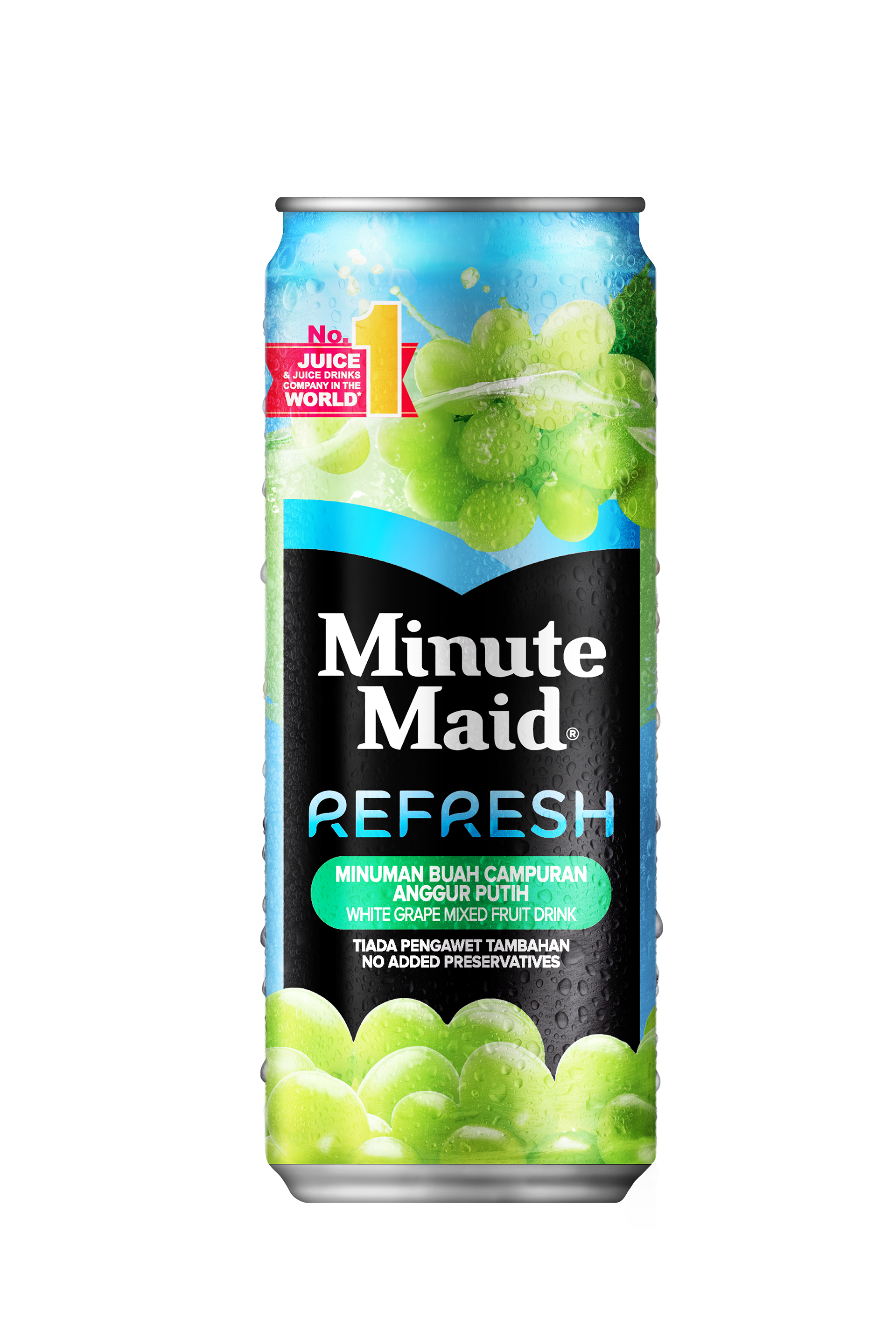 White Grape Mixed Fruit Drink (Minuman Buah Campuran Anggur Putih) — bright green grape clusters splashing from sky to base, with the green variant pill badge carrying the bilingual flavour callout.