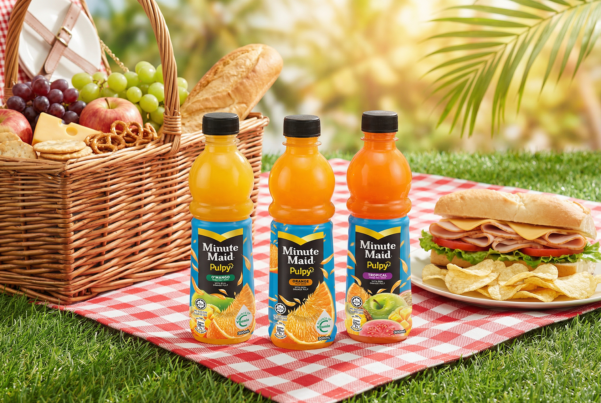 hree Minute Maid Pulpy juice drinks (O'Mango, Orange, Tropical) in their signature bulbous-neck bottles, lined up on a red gingham picnic cloth beside a basket of fruit, bread and a sandwich in a sunny outdoor setting. Coca-Cola juice drink packaging design, Malaysia.