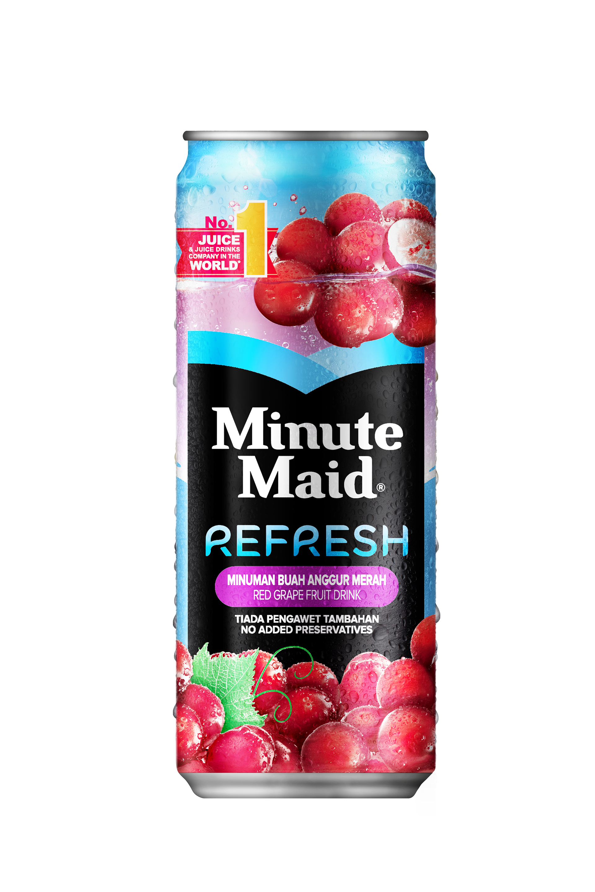 Red Grape Fruit Drink (Minuman Buah Anggur Merah) — deep red grape clusters splashing through pink-and-blue sky tones, with the magenta variant pill badge anchoring the SKU.