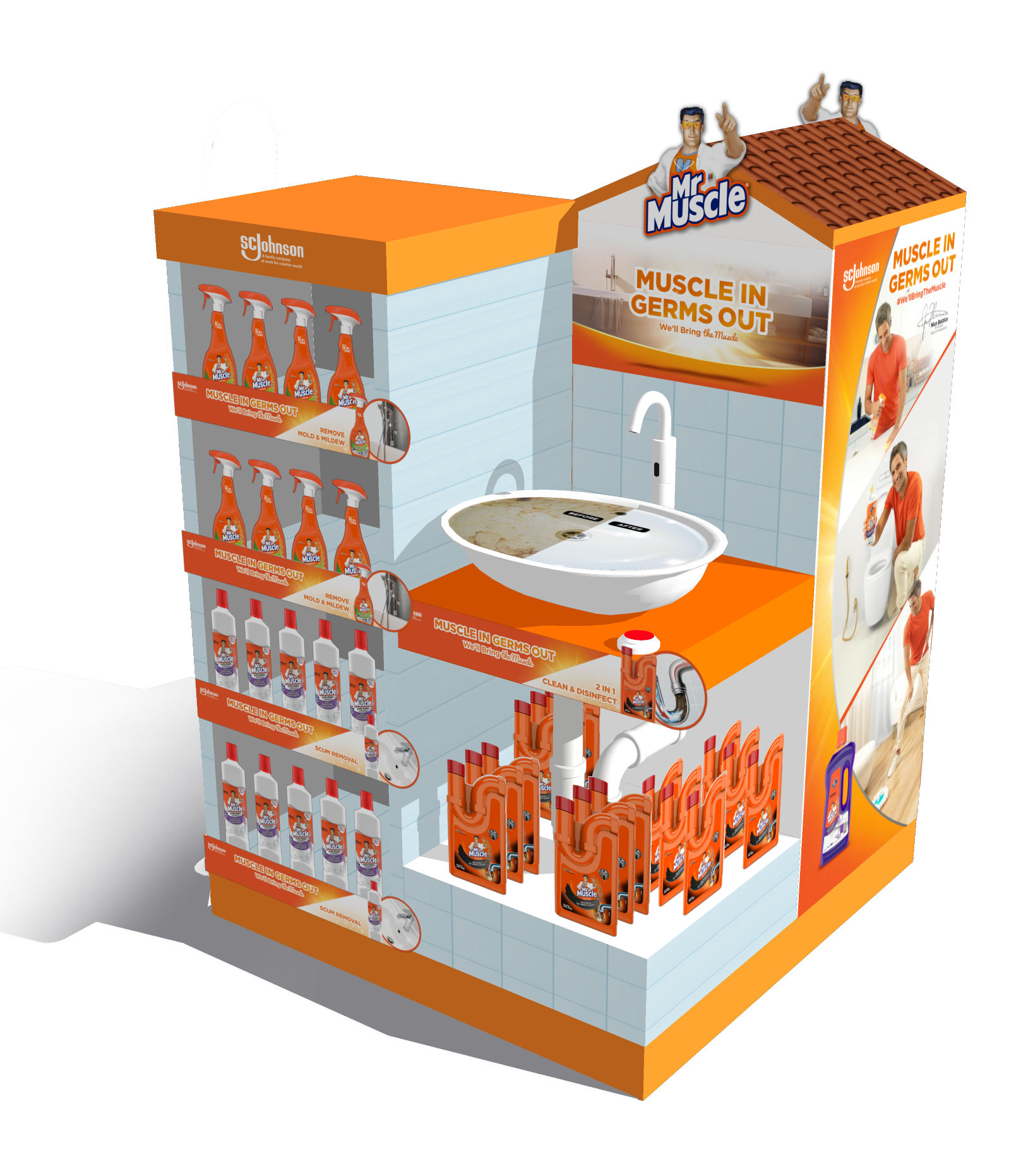 The sink/drain unit render — drain-cleaner pouches arranged inside a sculpted pipe-trap structure, with surface-cleaning sprays tiered down the side shelves by bathroom-problem zone.
