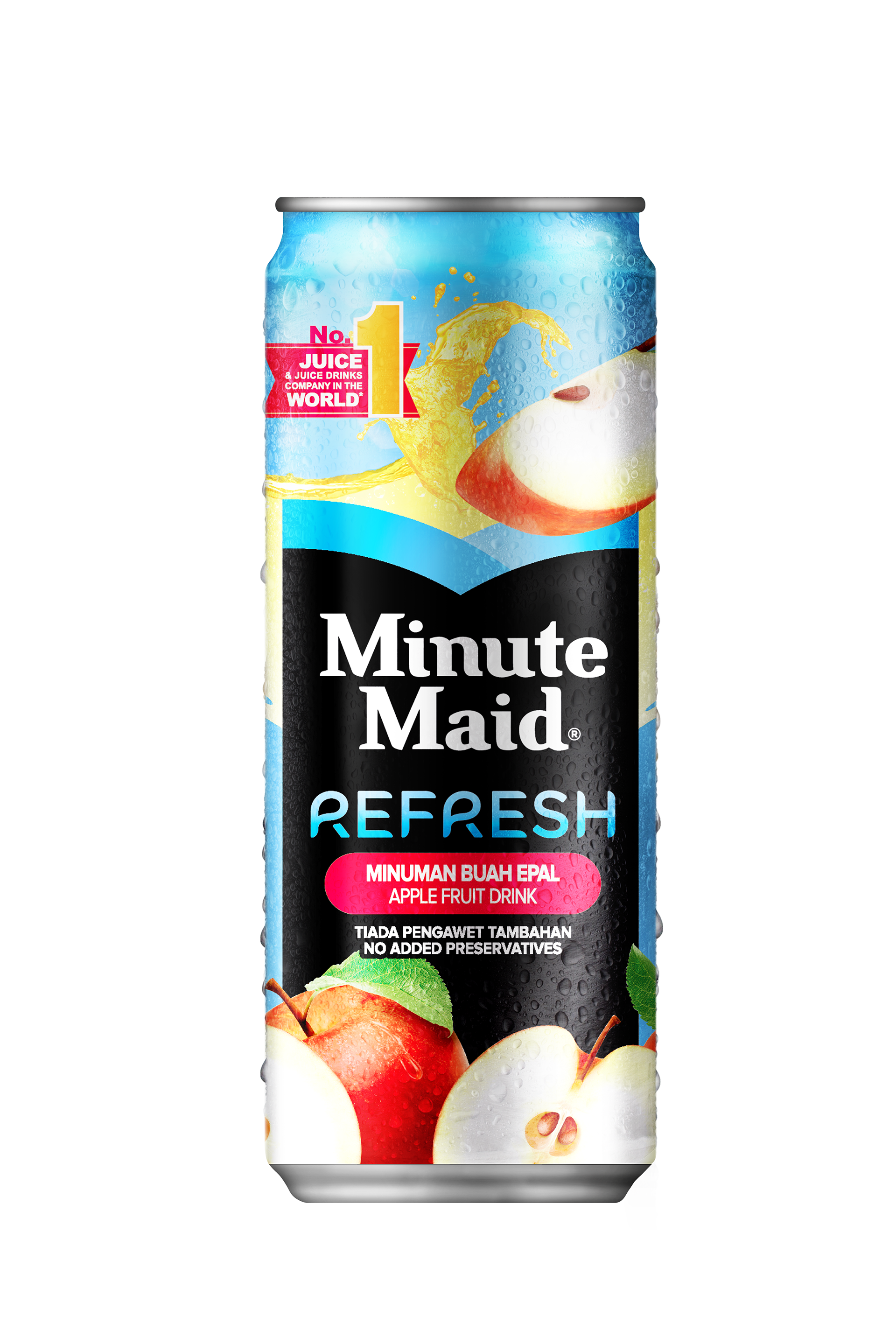 Apple Fruit Drink (Minuman Buah Epal) — the brand panel in deep black with the splash of golden apple juice and red-apple imagery anchoring top and bottom.