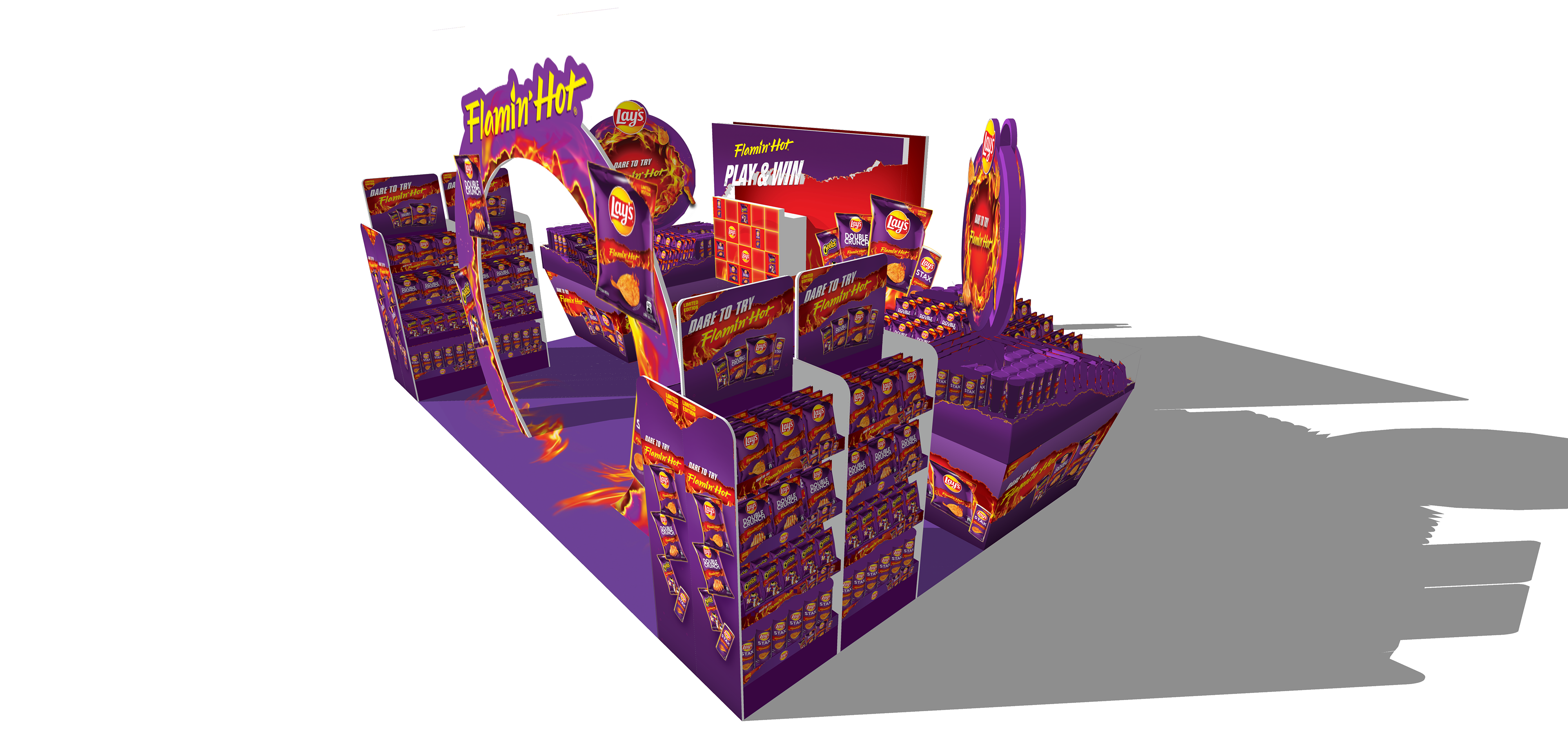 The side perspective — the full activation footprint visible across multiple product walls, the central archway, and the gamified engagement zone.