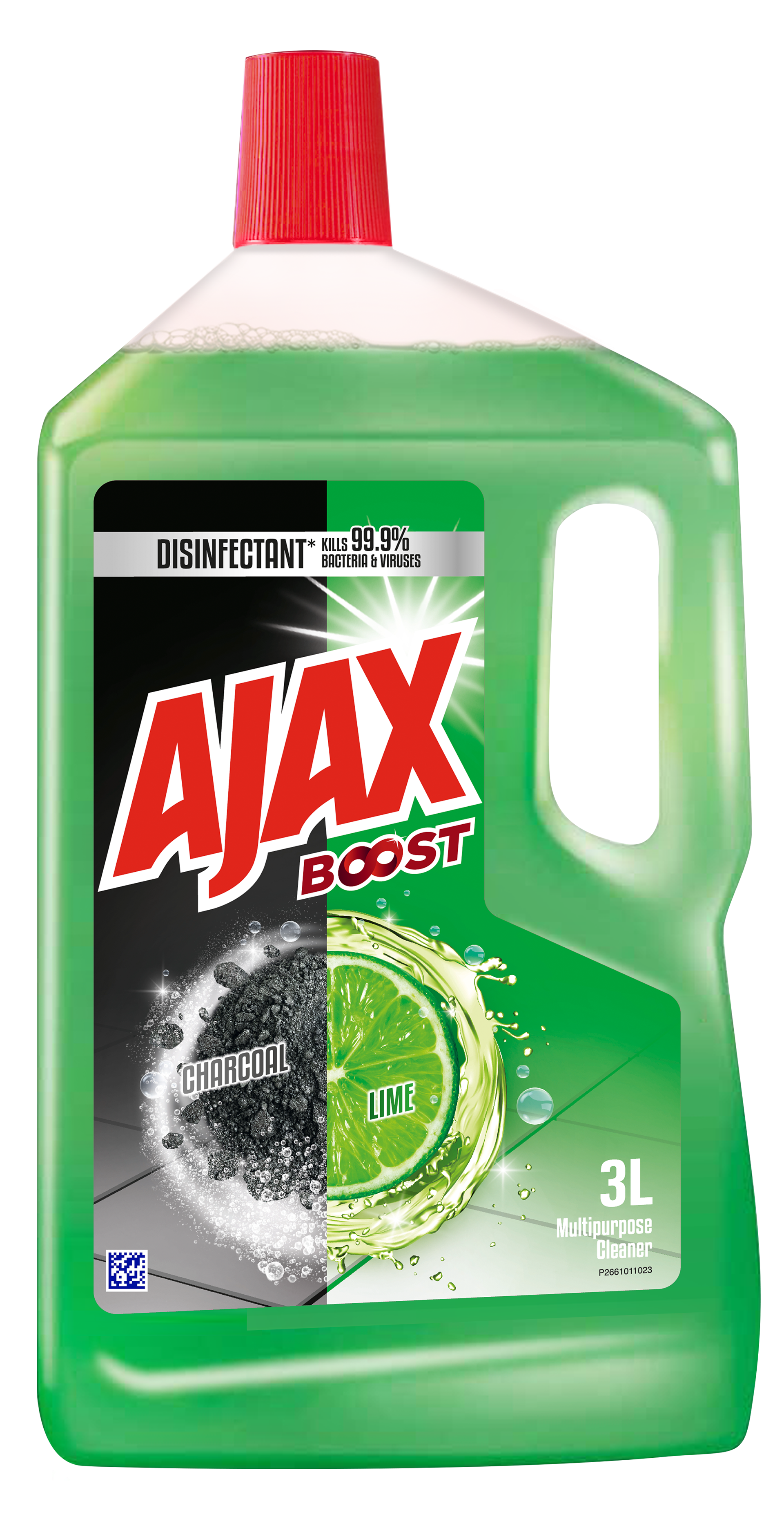 Ajax Boost Charcoal + Lime multipurpose cleaner, 3L green handled bottle with a red cap, front view. The vertically split label shows charcoal granules on a black field and a lime slice mid-splash on a green field, with the bold red Ajax logo and starburst, the "Boost" sub-brand, a "Disinfectant — kills 99.9% bacteria and viruses" banner and "3L Multipurpose Cleaner." Colgate-Palmolive home care packaging, Malaysia.