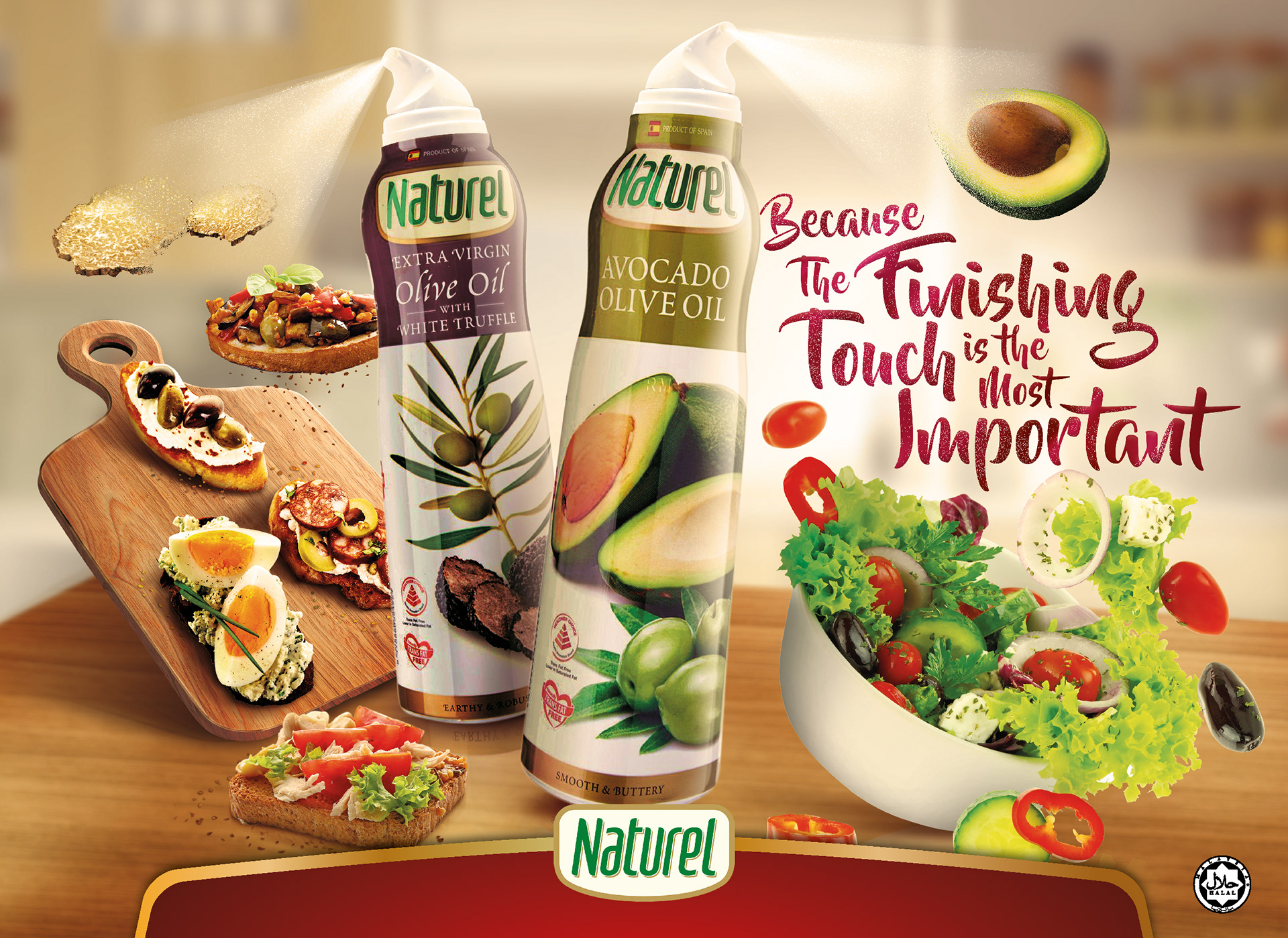Naturel infused olive oil spray campaign key visual — premium FMCG food design by Laugh Contagious Malaysia