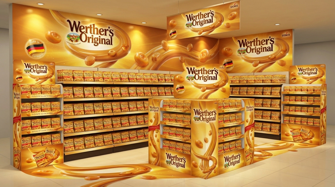 The full retail takeover — caramel ribbons spilling from wall to floor, turning a supermarket aisle into a Werther's-branded environment for major in-store activations.