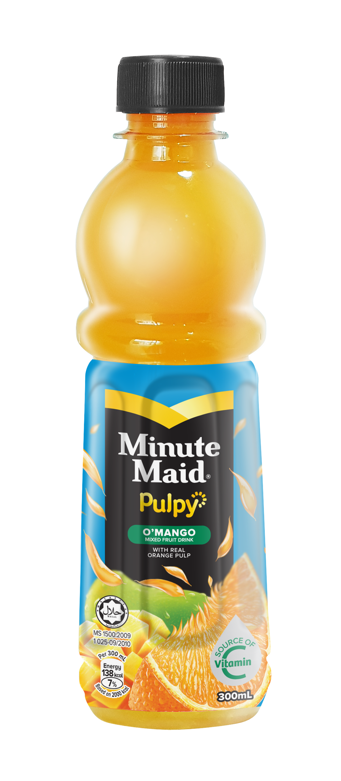 O'Mango — a mixed fruit drink with real orange pulp, colour-cued green within the shared label system.