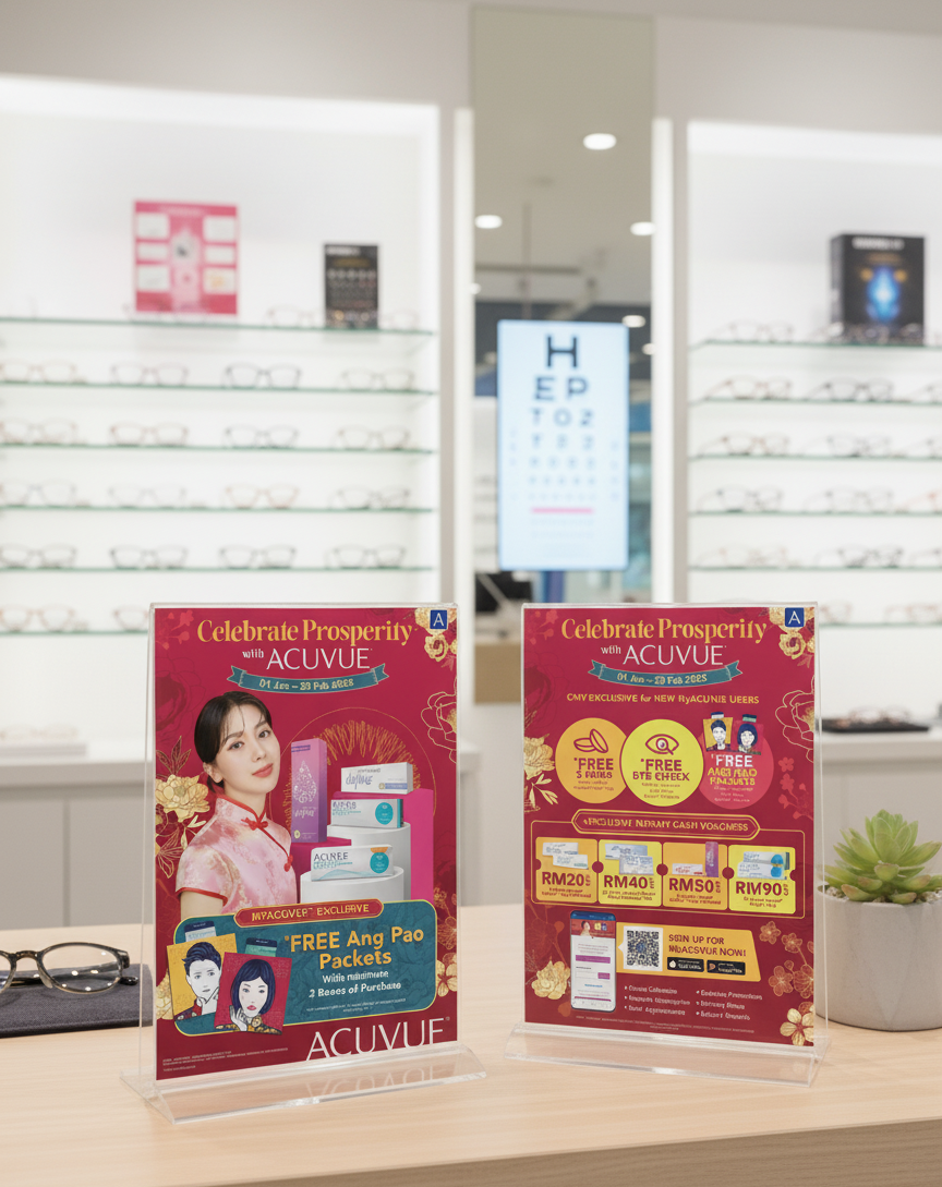 The tent card — designed for the optical retail consultation, where conversion actually happens.