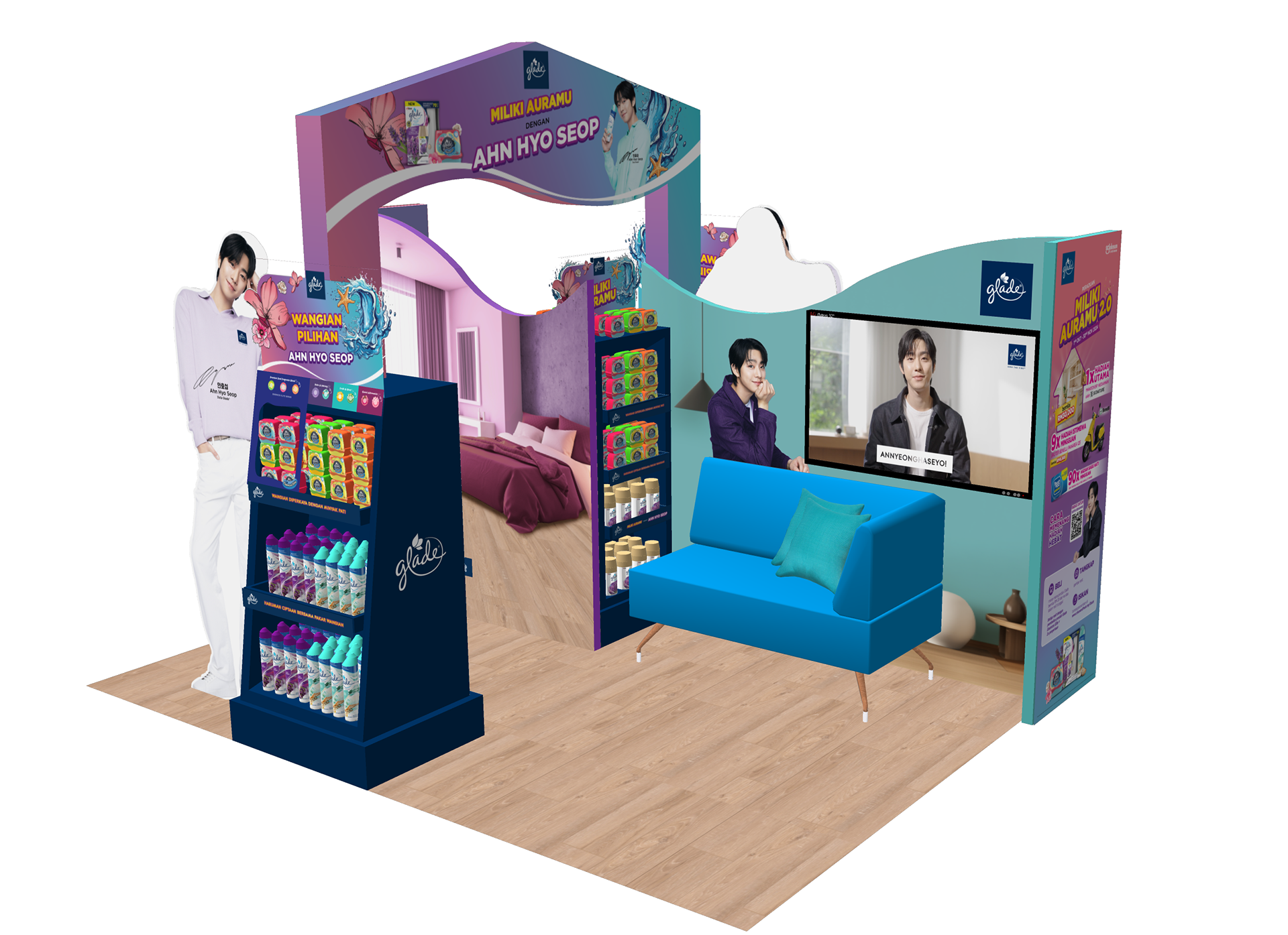 RoadsThe Miliki Auramu roadshow booth — a styled bedroom set with sofa, mirror, and on-screen Ahn Hyo Seop content turning the brand world into a place shoppers can sit inside.how