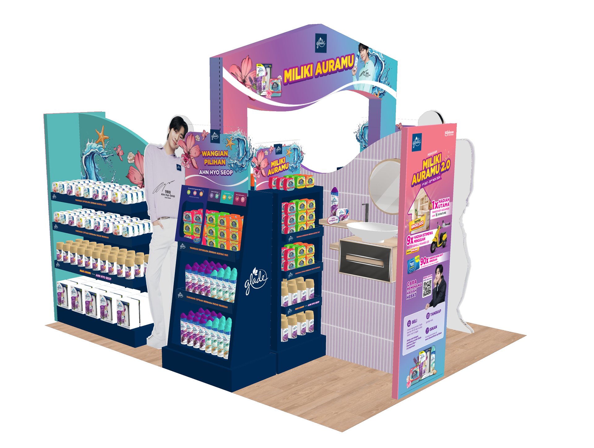 RoadshMiliki Auramu 2.0 — an interactive "Find Your Scent Match" zone, fragrance demo station, and multi-tiered product walls extending the range across every variant.ow