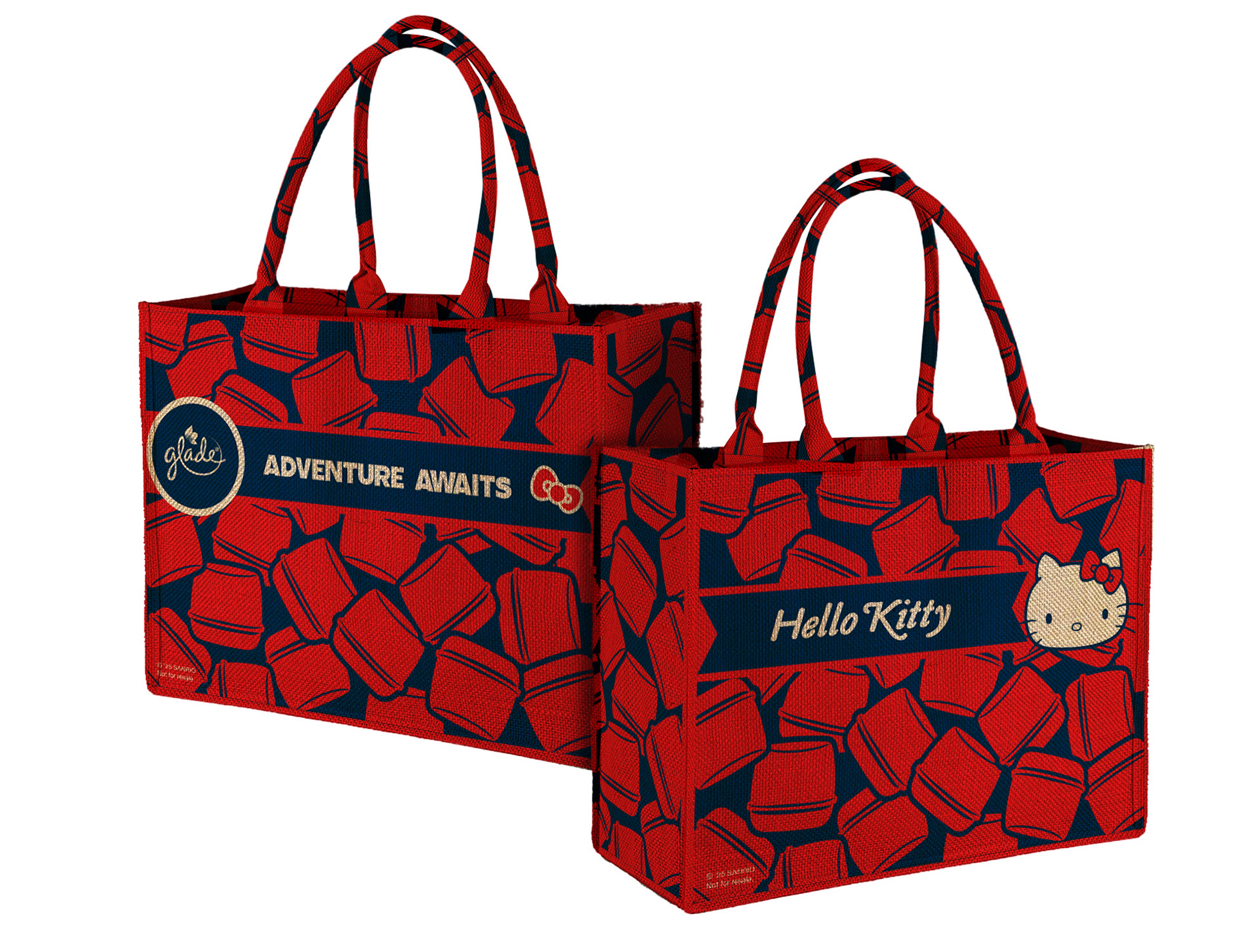 The heritage jute tote — deep red, cream and gold, pulling the collaboration into premium gifting territory.