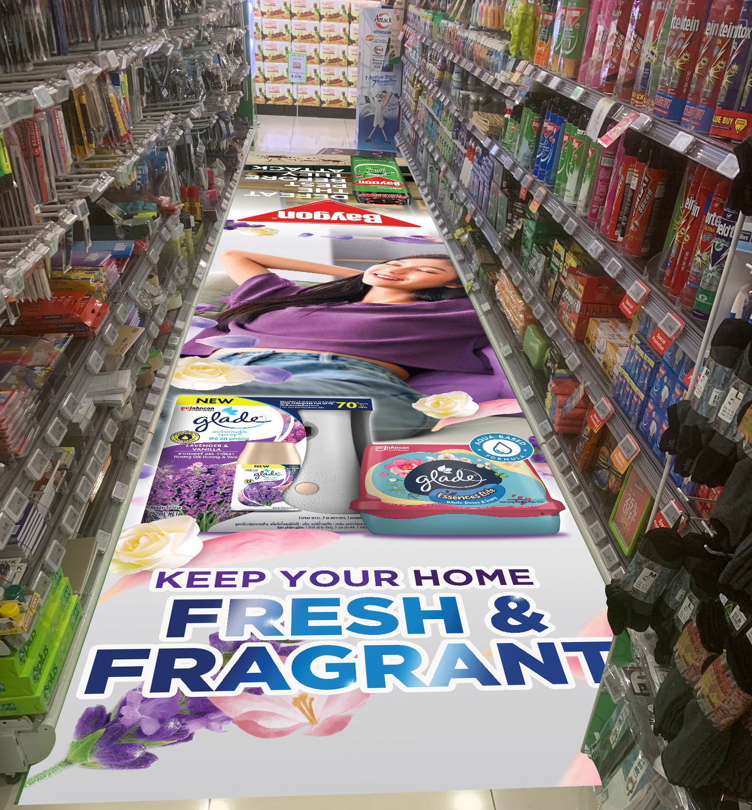 Glade x Baygon long-format aisle floor sticker deployed in Singapore supermarket — SC Johnson cross-brand POSM by Laugh Contagious Communications, creative agency in Kuala Lumpur
