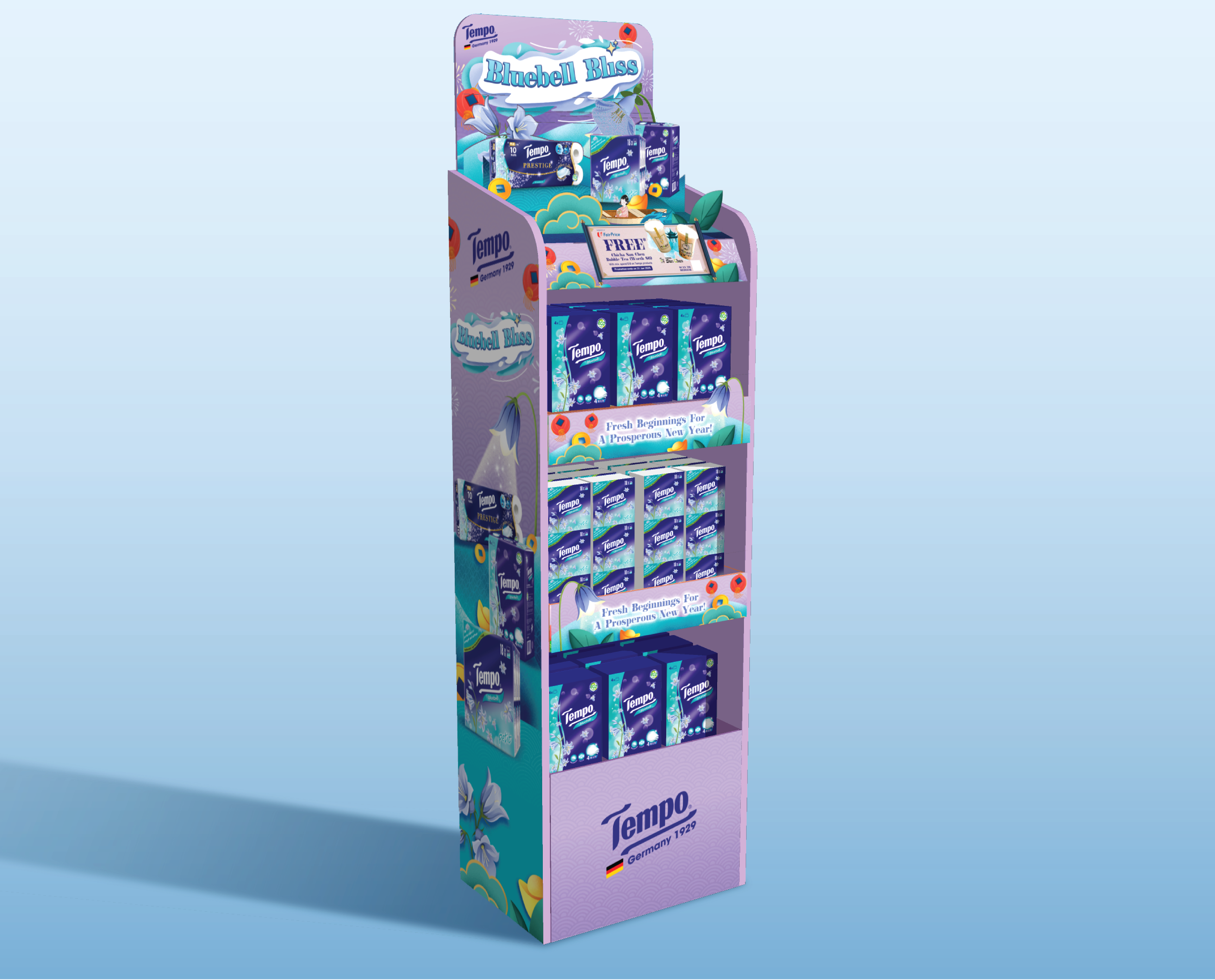 Tempo Bluebell Bliss premium illustrated festive standee — premium tissue POSM by Laugh Contagious Communications, creative agency in Kuala Lumpur
