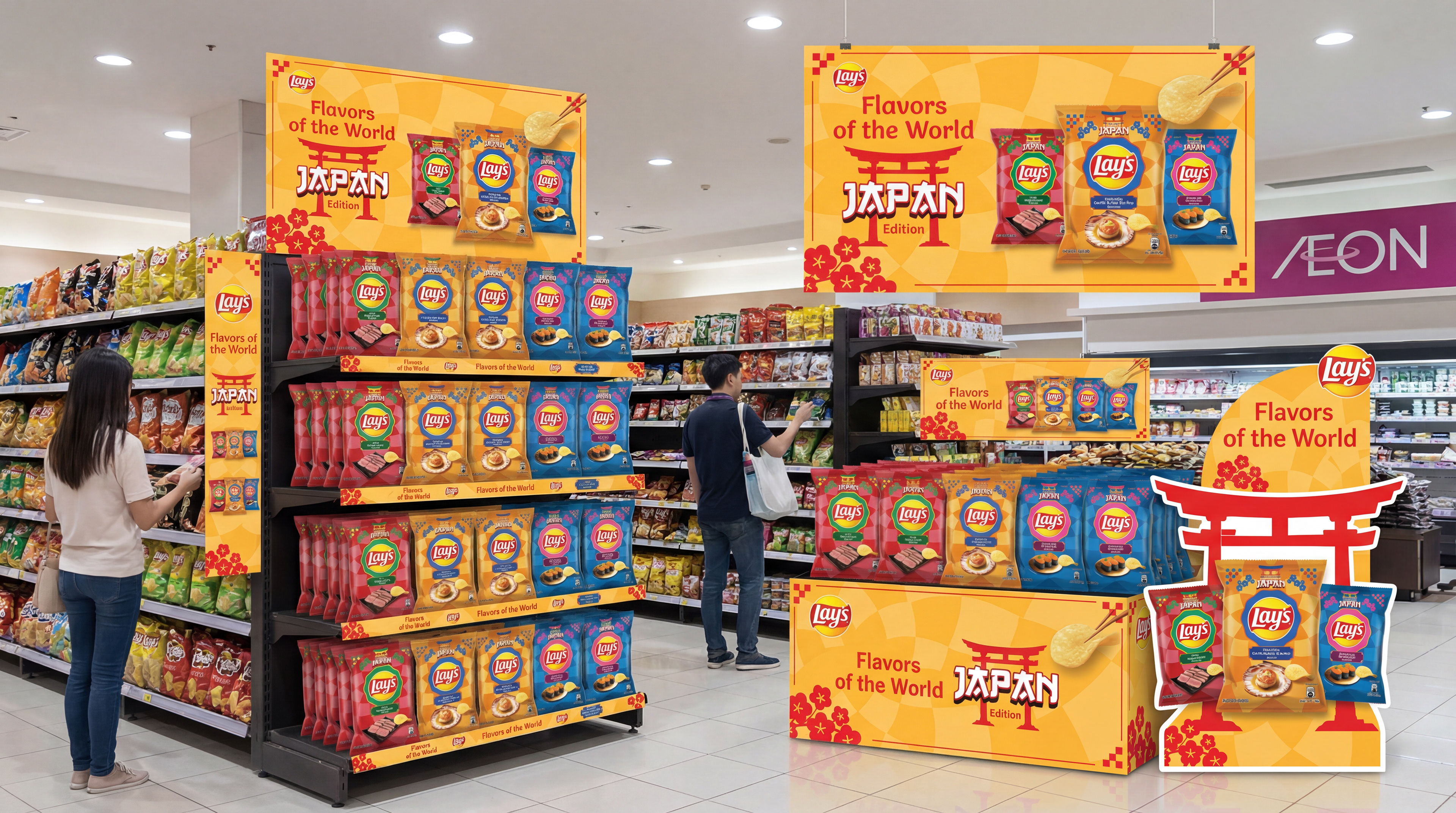 Lay's Japan Edition POSM in modern trade retail aisle — Japan-themed snack FMCG campaign by Laugh Contagious