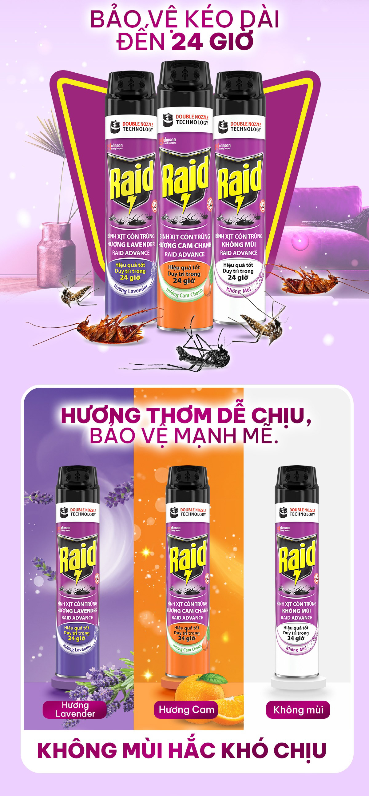 Raid Vietnam PDP 24-hour protection and three scent variant content — insecticide e-commerce design by creative agency Kuala Lumpur