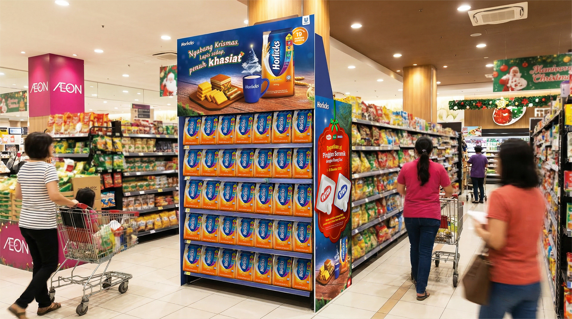 Horlicks Christmas Sarawak 2025 retail gondola display — festive FMCG in-store activation Sarawak