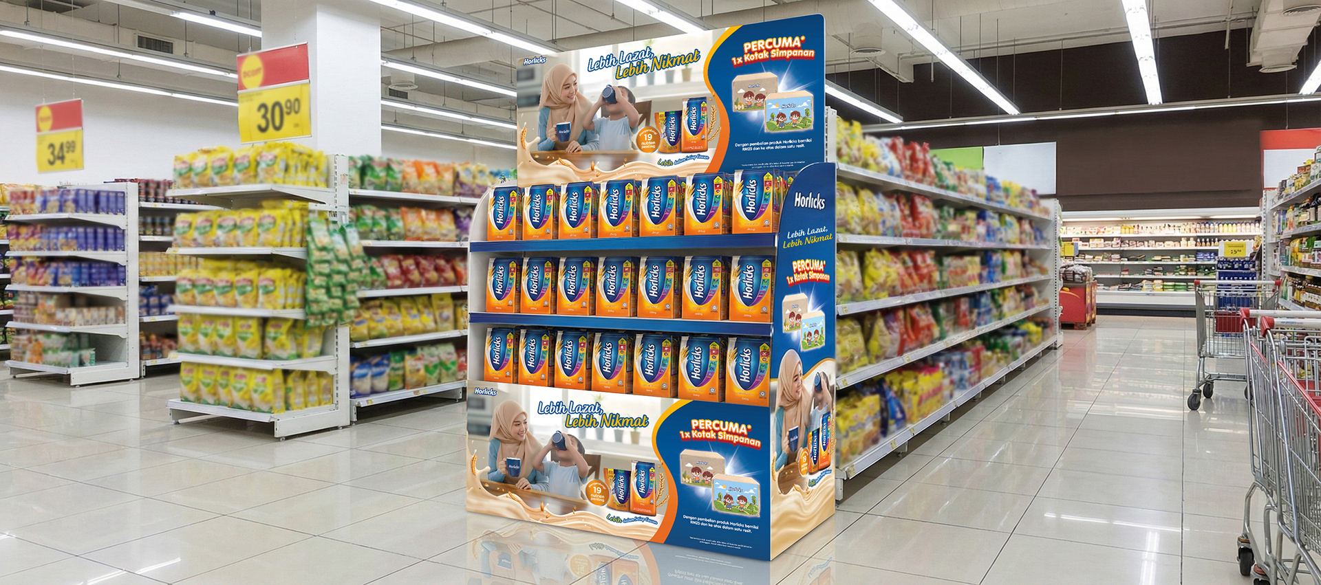 In-store POSM extending the new register into the moment of shopper decision.