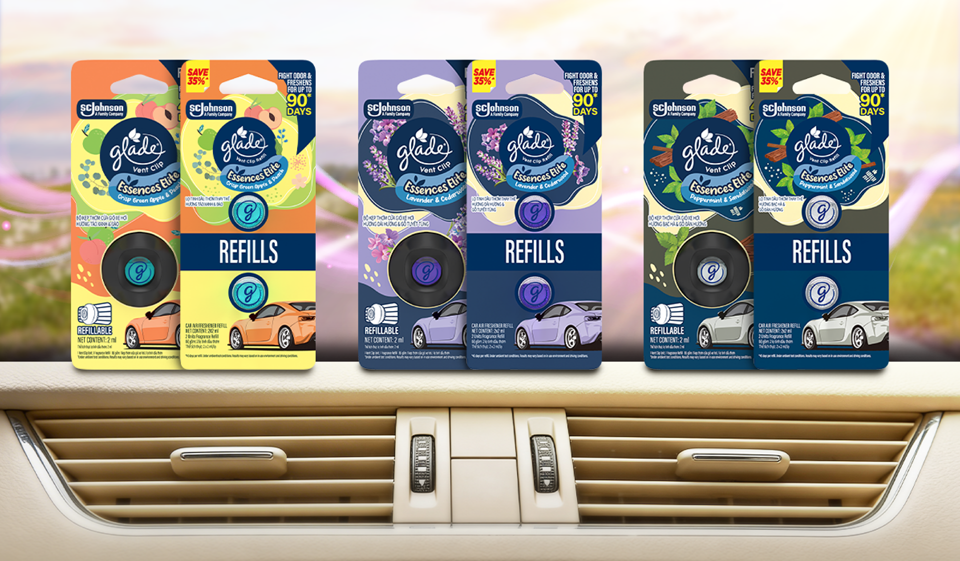 Glade Essences Elite Vent Clip full range with refills photographed on car dashboard — car fragrance packaging design by Laugh Contagious Communications, creative agency in Kuala Lumpur