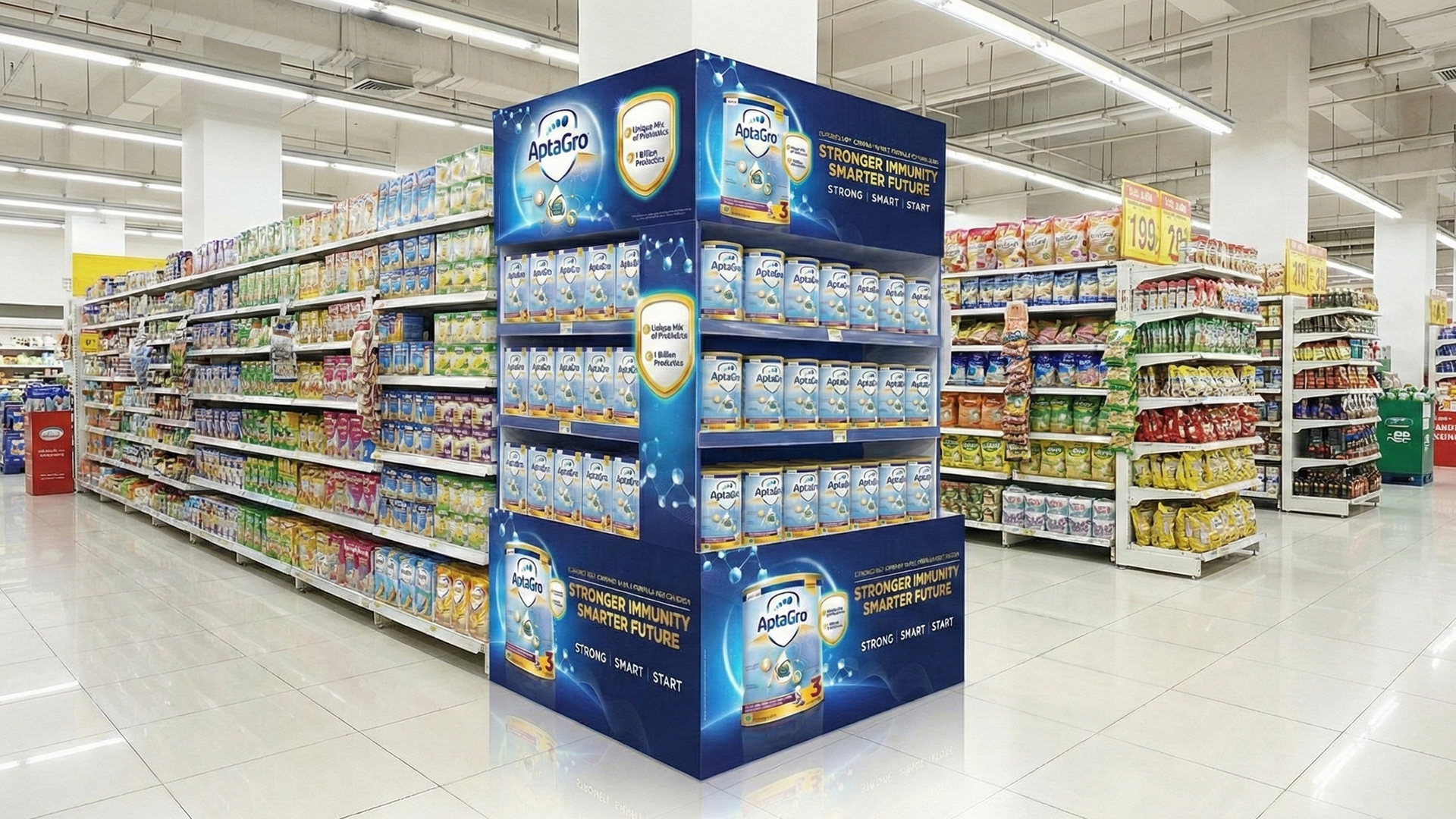 AptaGro full aisle-end gondola takeover in Malaysian hypermarket — pediatric nutrition end-cap POSM by creative agency Kuala Lumpur