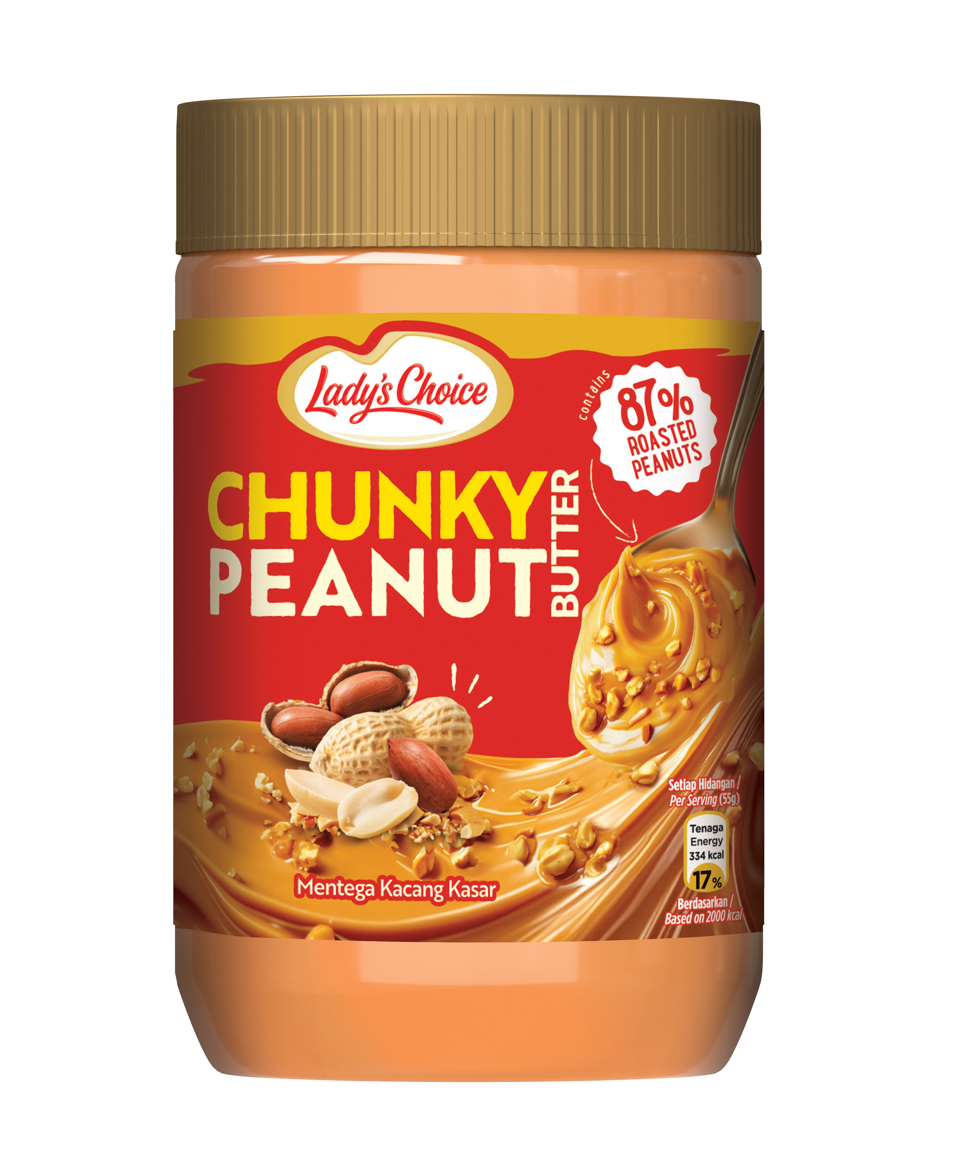 Chunky Peanut Butter — red banner, 87% Roasted Peanuts claim with chunky peanut-pieces illustration showing the coarse texture (Mentega Kacang Kasar).