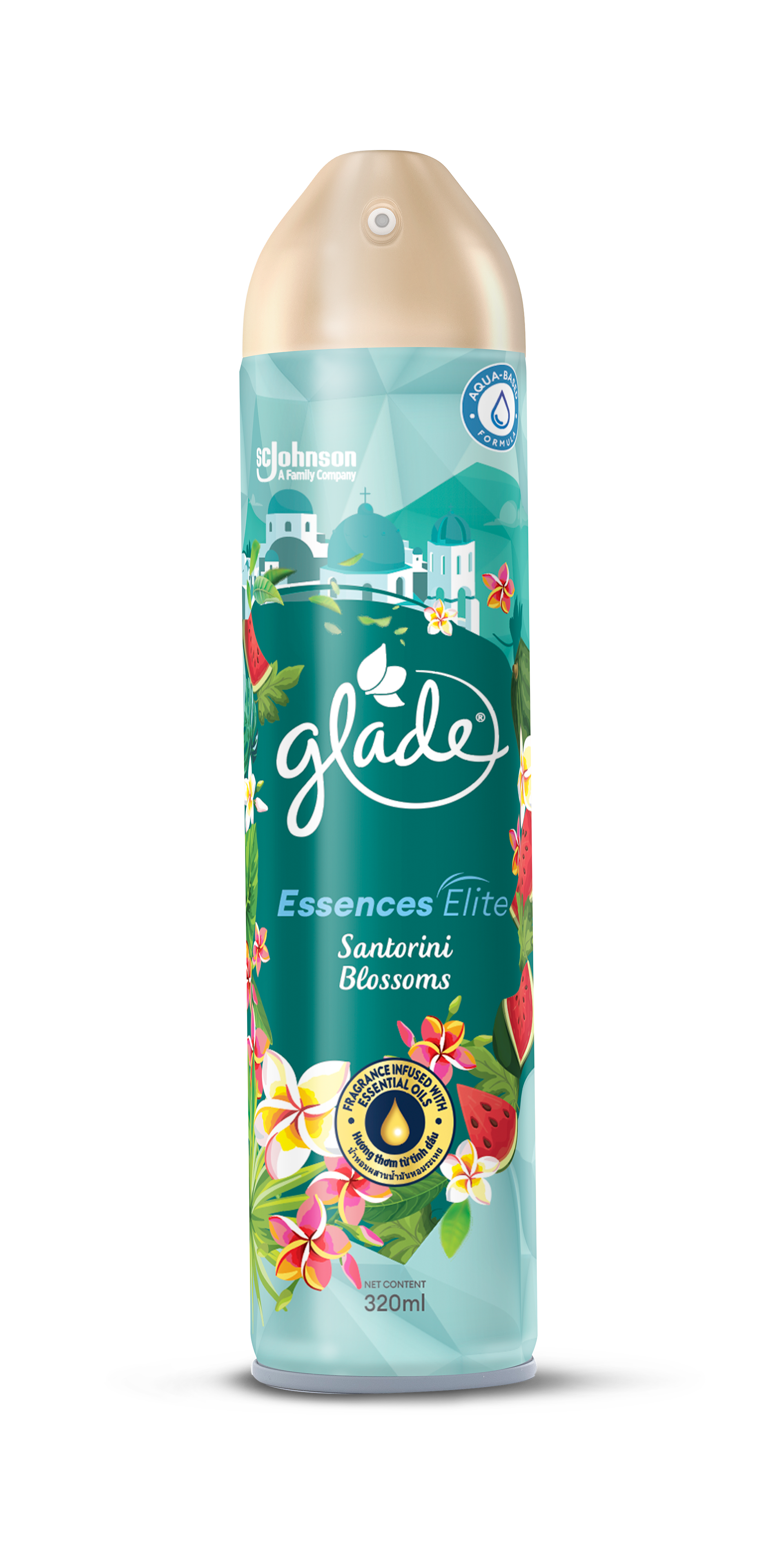 Santorini Blossoms Aerosol Spray — the Aegean-inspired finale, illustrated through white Greek-island architecture, frangipani, and bright island florals against a Mediterranean teal background.