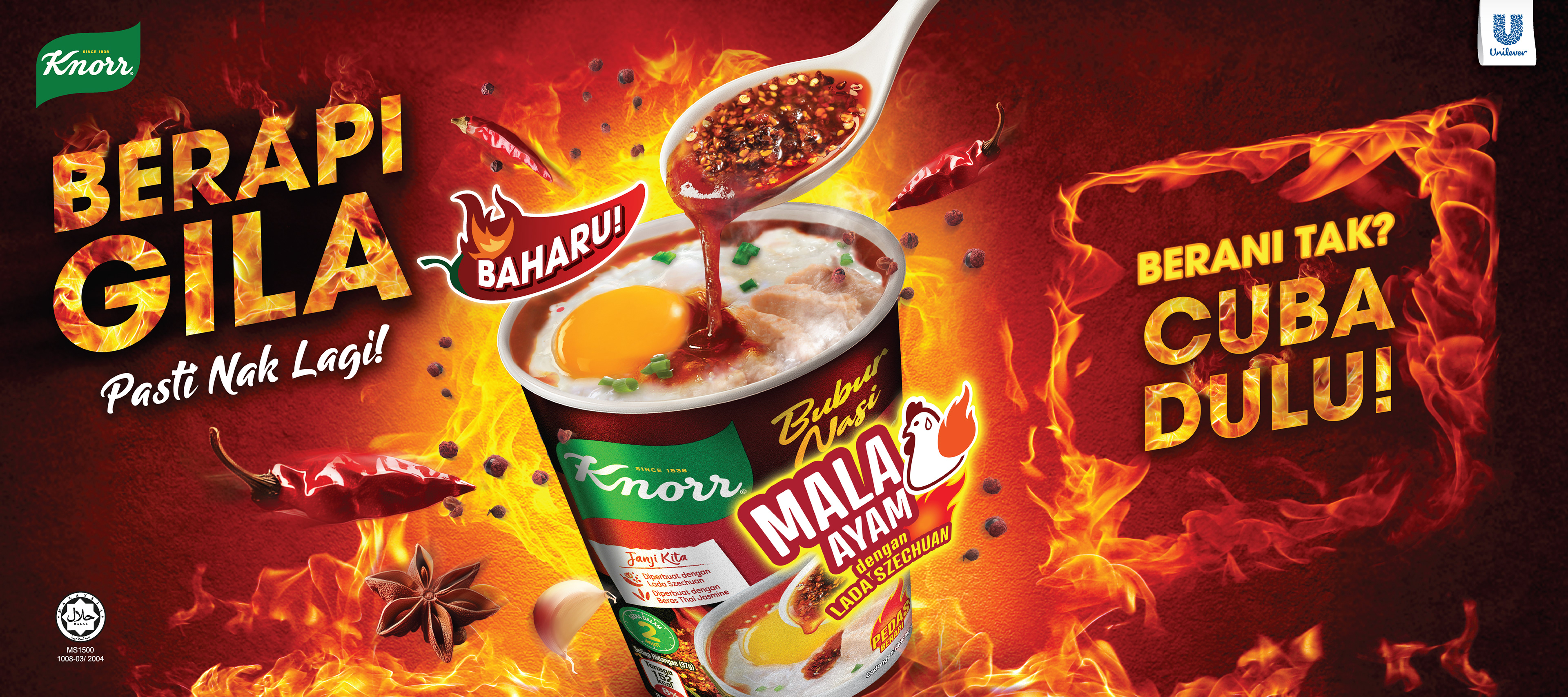 Knorr Mala Instant Porridge 2025 launch key visual — fiery FMCG food campaign design by Laugh Contagious Malaysia