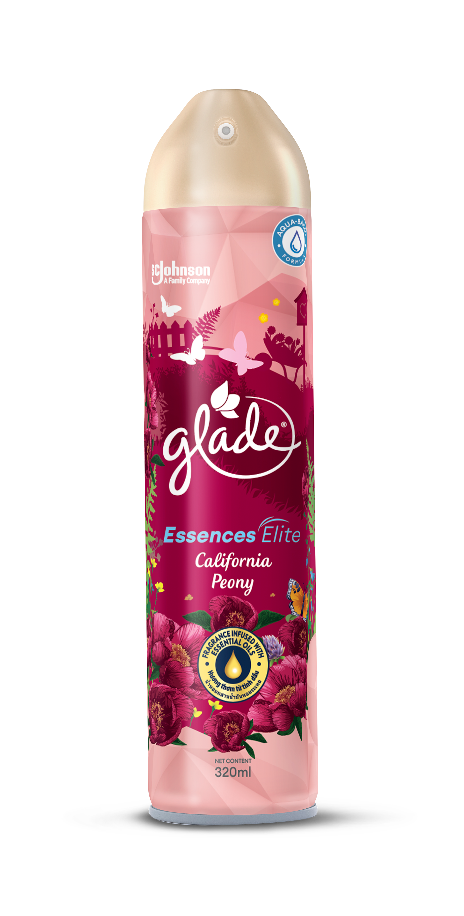 California Peony Aerosol Spray — twilight gardens, fireflies, butterflies, and deep magenta peonies against a romantic deep-pink palette.