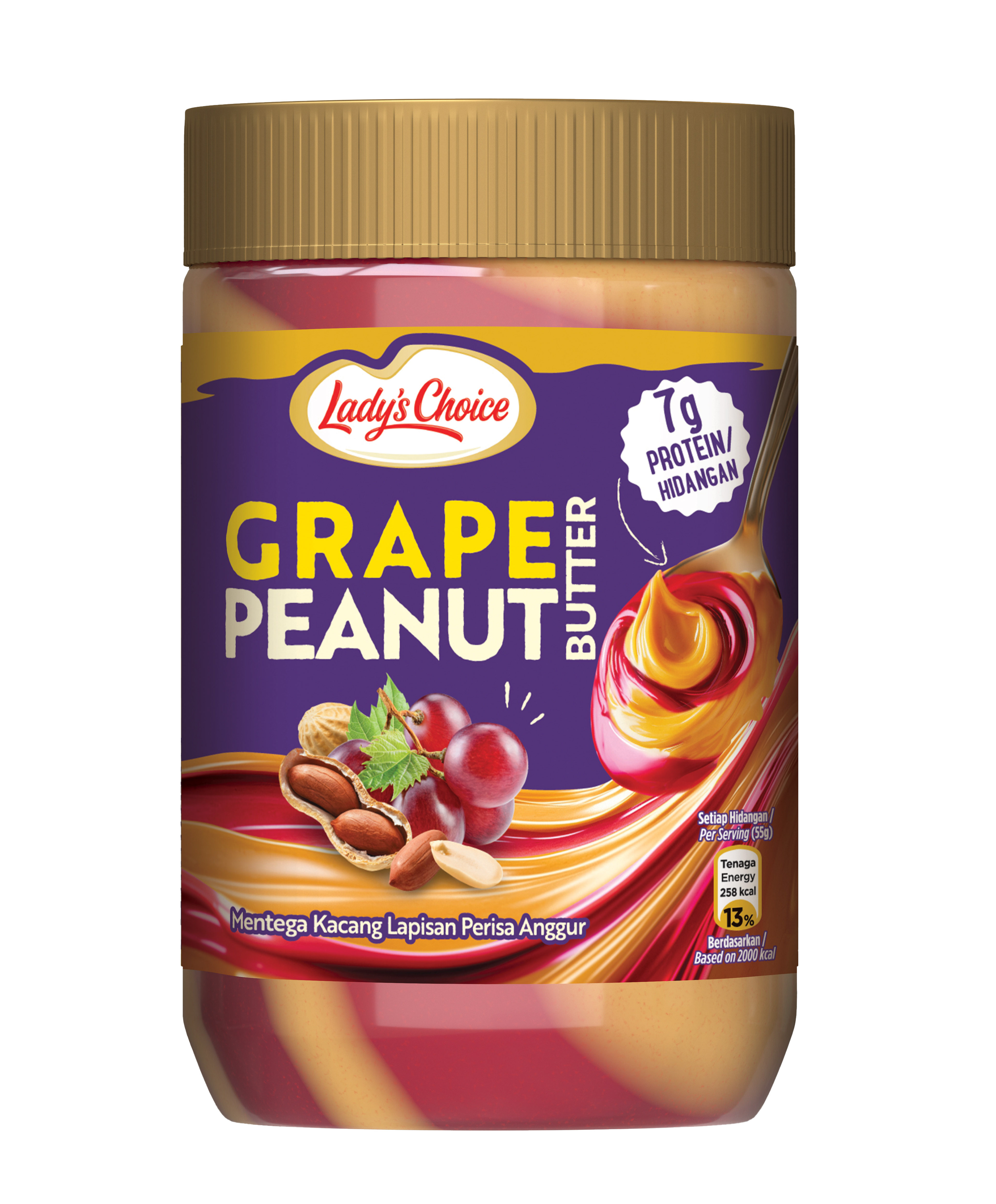 Grape Peanut Butter — deep-purple banner, 7g Protein per Serving, with the peanut-and-grape swirl illustration showing the marbled cross-section of the two layers (Mentega Kacang Lapisan Perisa Anggur).