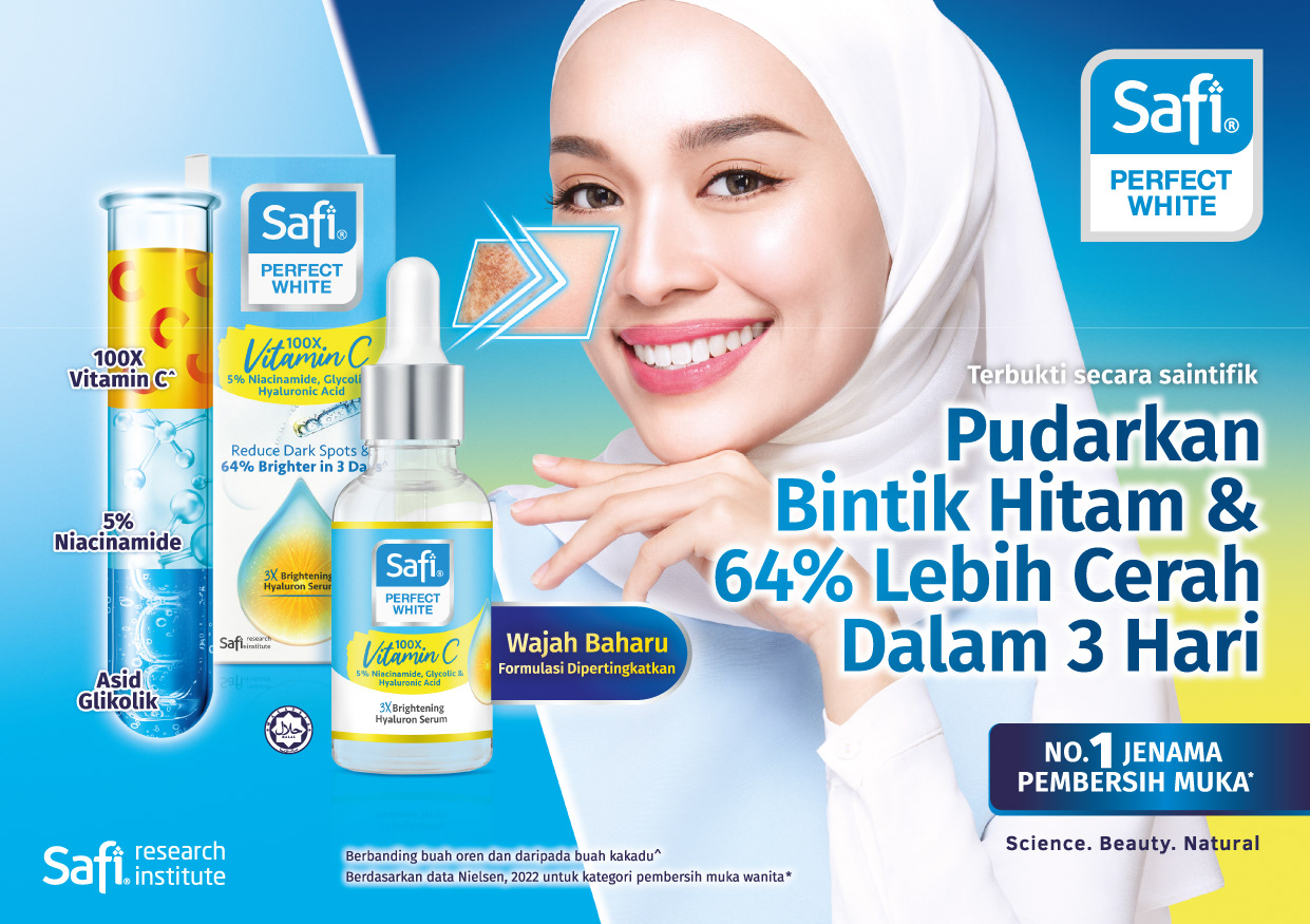 Safi Perfect White Serum key visual — clinical-meets-beauty ingredient-led design by Laugh Contagious Malaysia