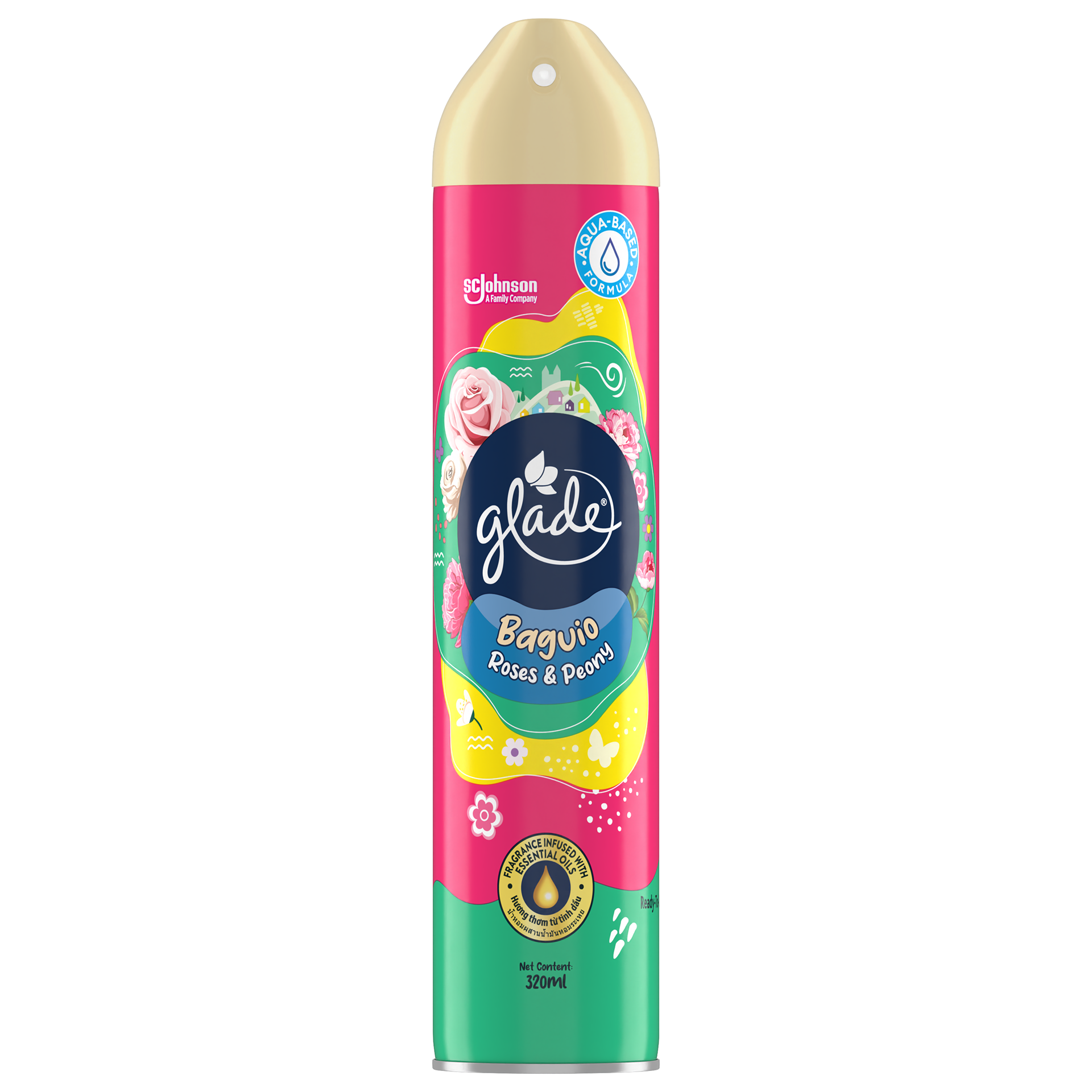 Baguio Roses & Peony — the highland-floral variant, roses and peonies wrapping a pink-cued can.