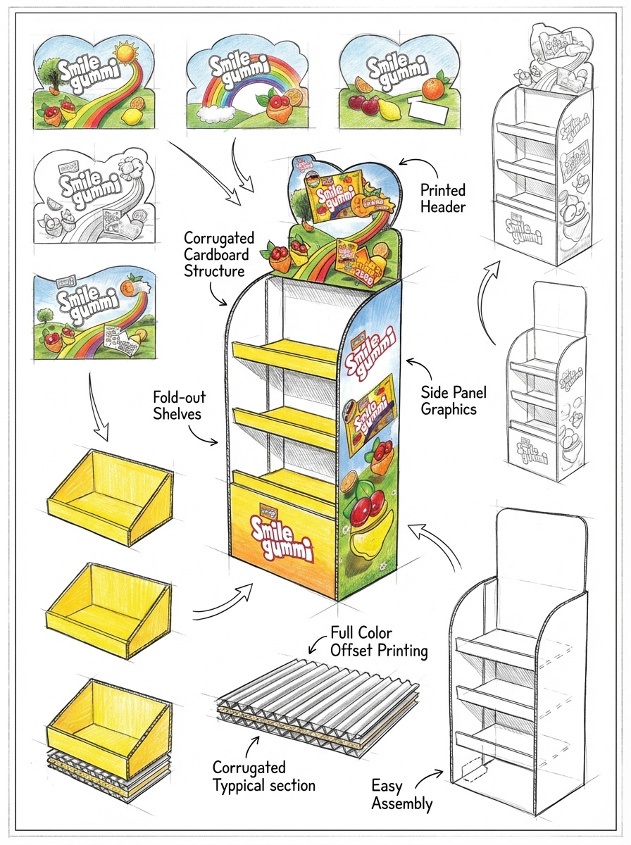 The structural and production layers — corrugated cardboard construction, fold-out shelves, printed header, side panel graphics, and full-colour offset printing engineered for easy retail assembly.