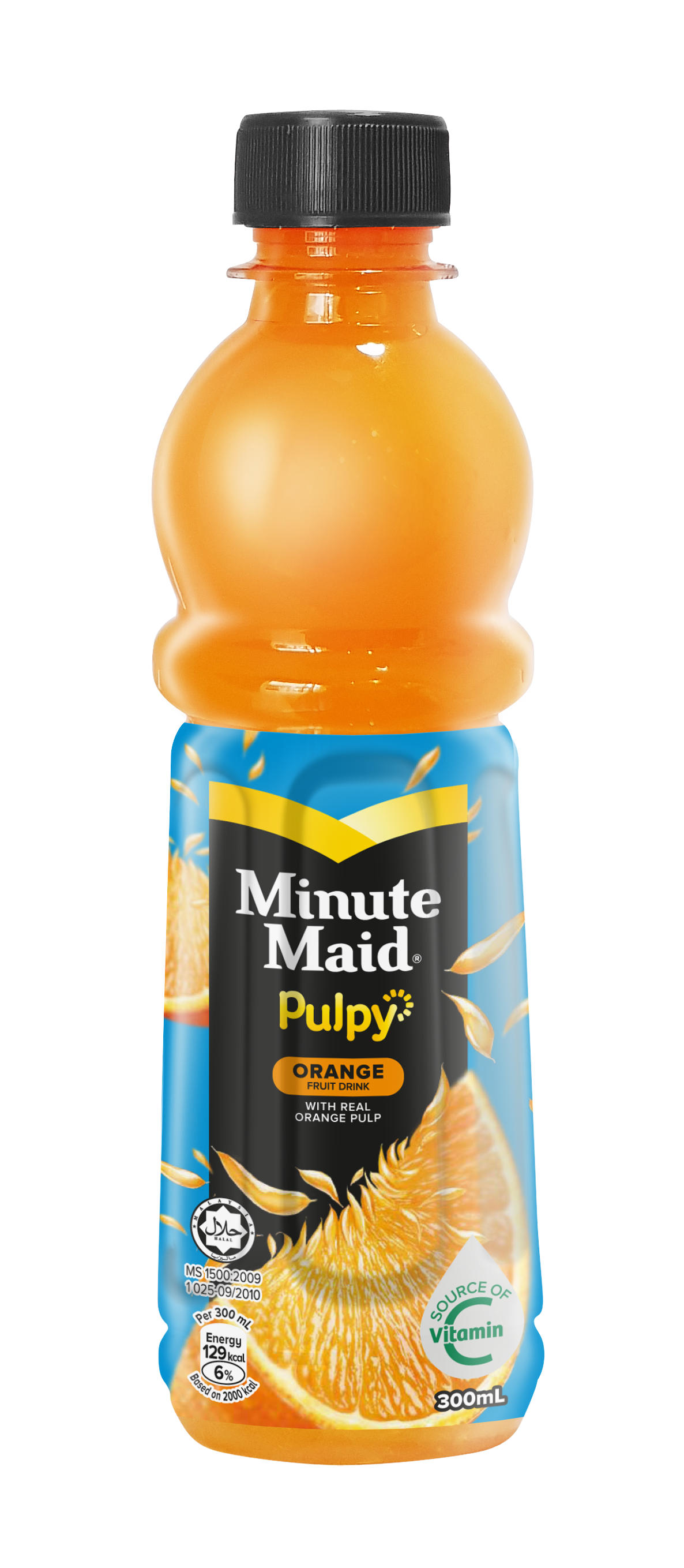 Orange — the core variant, flying-pulp graphics amplifying the real-pulp texture promise.