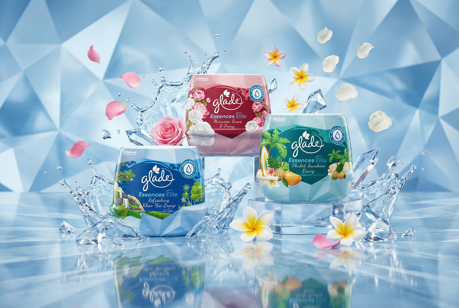 Glade Essences Elite Thailand Scented Gels range hero shot with crystal-and-water styling — premium home fragrance packaging by Laugh Contagious Communications, creative agency in Kuala Lumpur