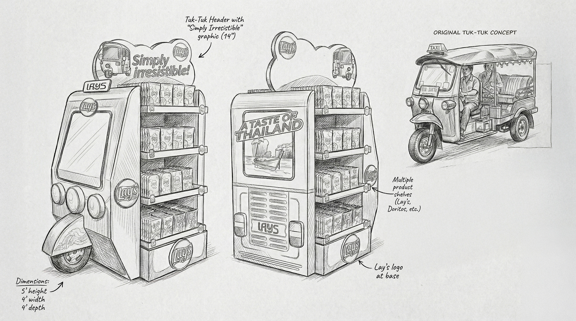 Lay's A Taste of Thailand concept sketches and design rationale board — POSM concept development by creative agency Kuala Lumpur